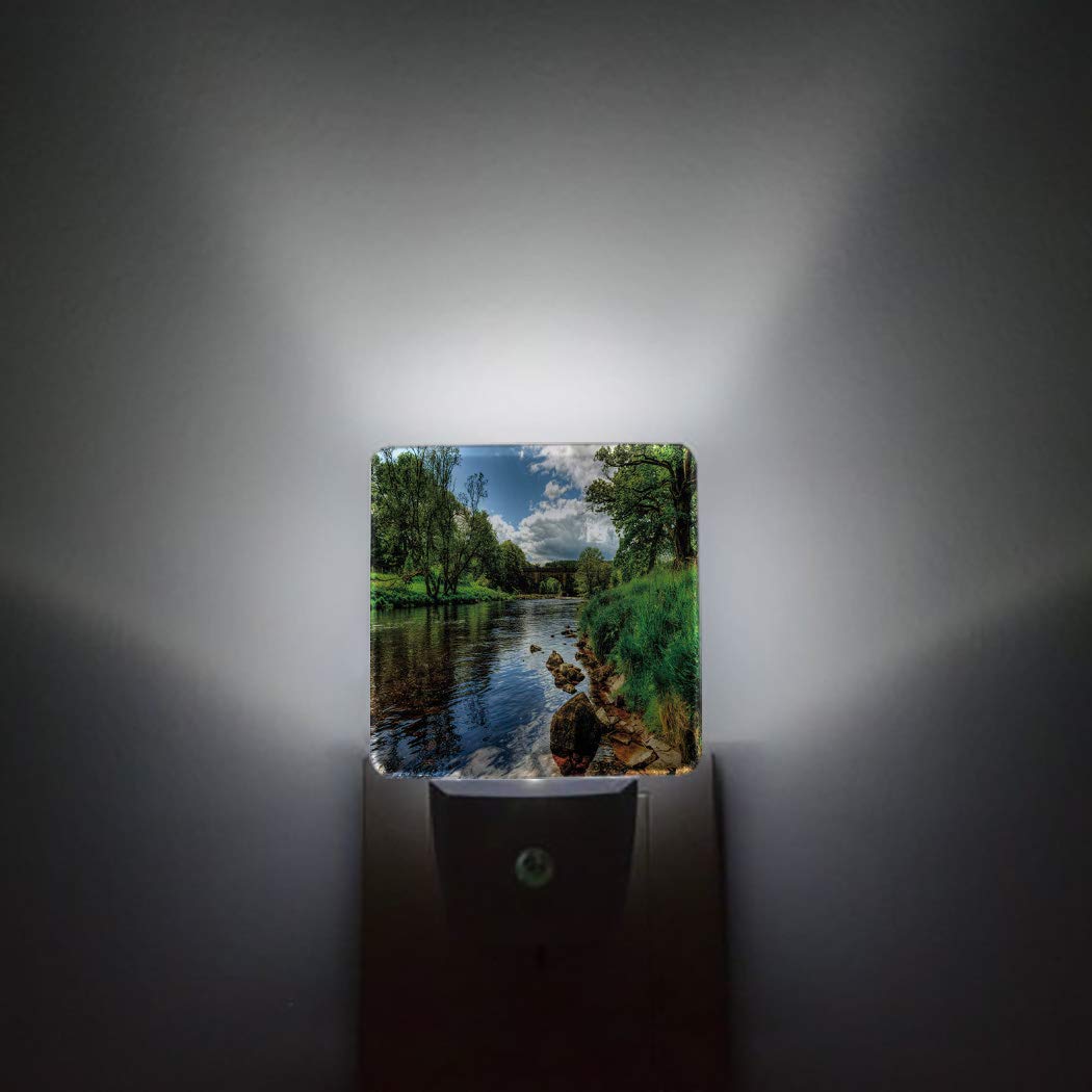 Automatic Sensor LED Night Light Plug in - Green Forest Bridge Design, Square Dim Light for Bathroom, Bedroom, Hallway | Perfect for Kids & Girls, Energy-Efficient Wall Plug in Night Lamp for Safe Nighttime Navigation