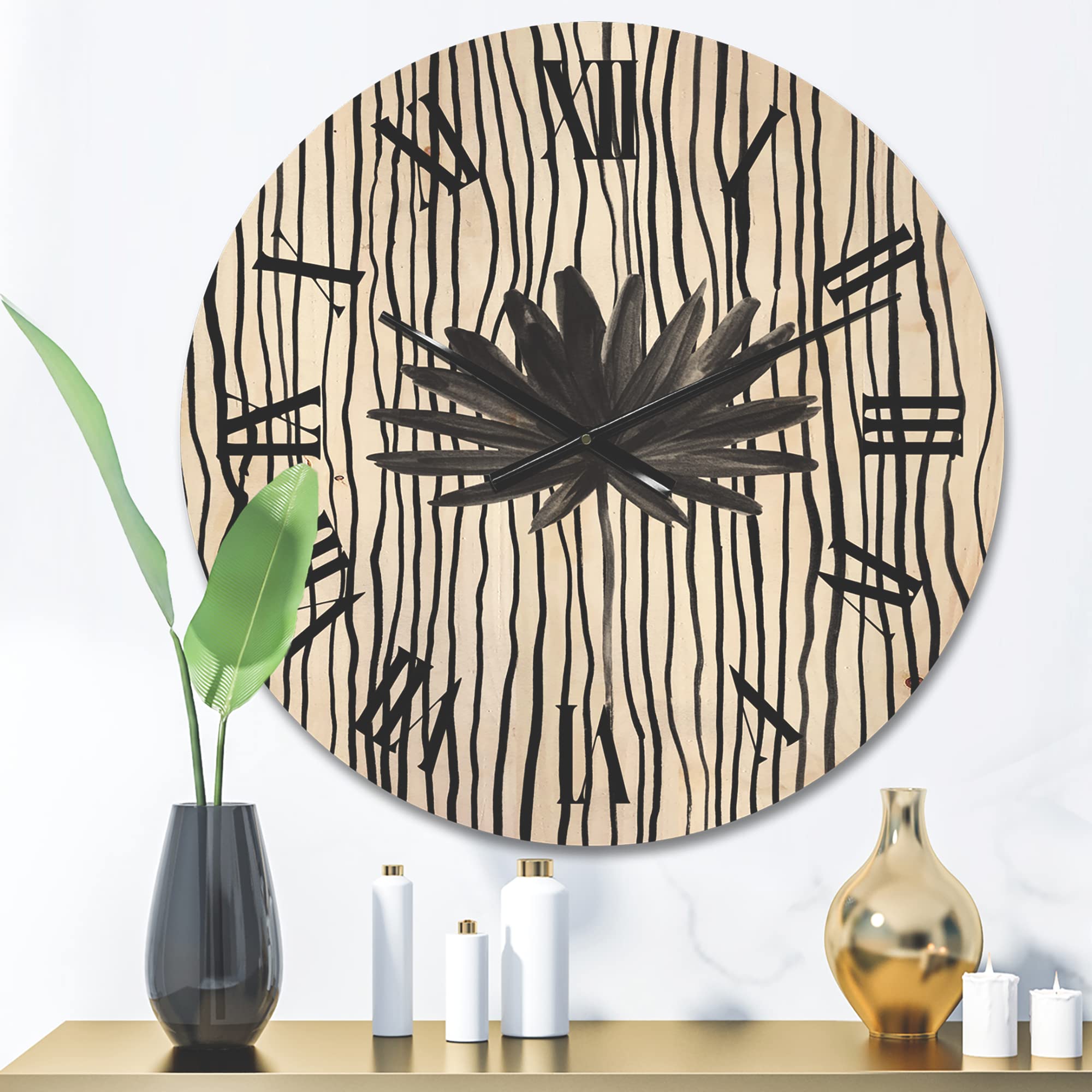 DesignQ Black and White Striped Tropical Leaf Modern Wood Wall Clock - Large Decorative Geometric Wall Clock for Living Room, Bedroom & Office Décor | Perfect for Home, Office & Gift Giving