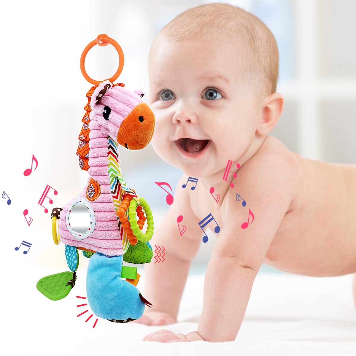 JericeToy Baby Car Seat Toy with Musical Box, Rattles, Crinkle & Teether - Developmental Infant Toy for Stroller, Crib & Cot - Giraffe Design with Magic Mirror - Perfect for On-the-Go Play & Sensory Stimulation