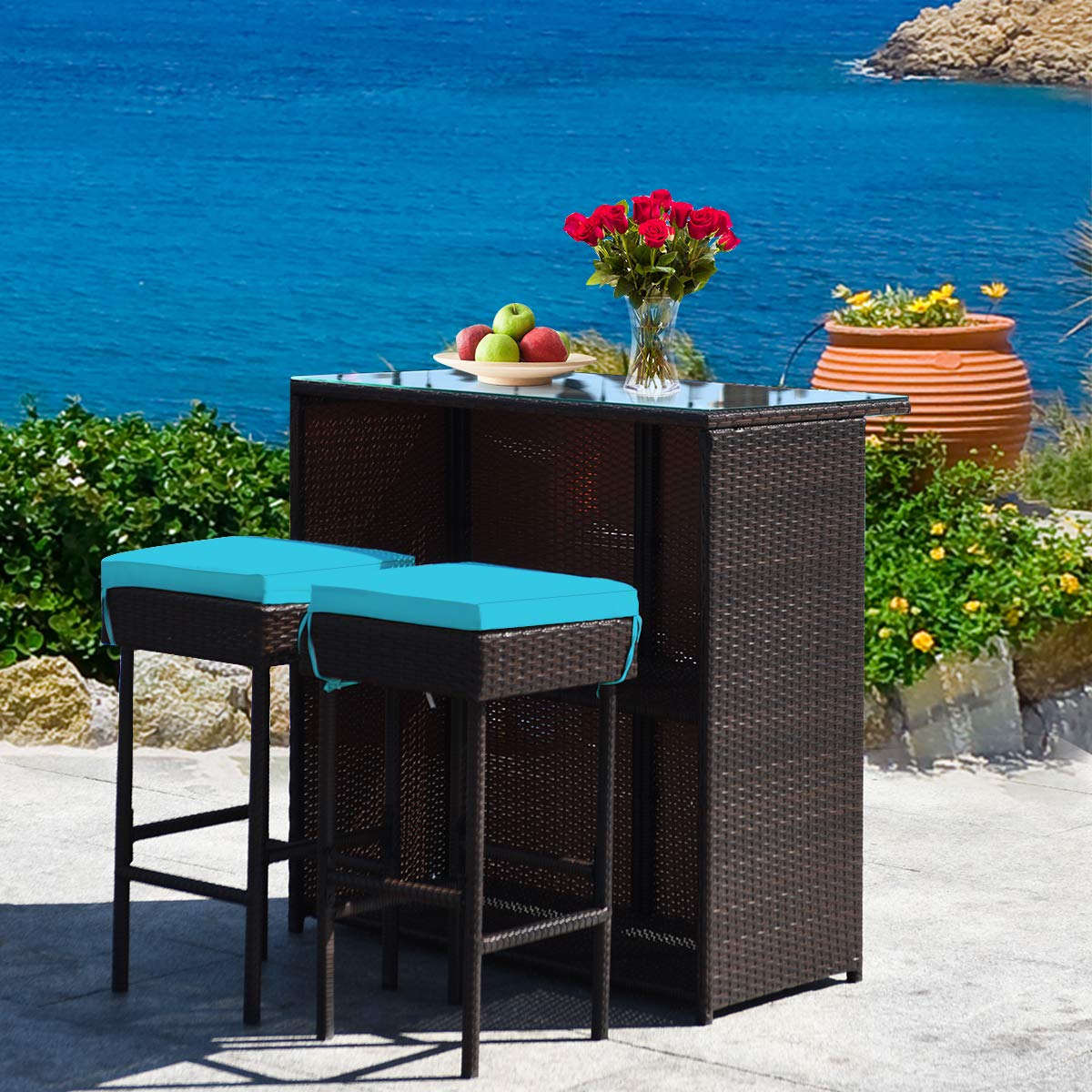 HappyGrill 3-Piece Outdoor Bar Set - Rattan Wicker Bar Stools & Table with Cushions, Glass Table Top & Storage Shelves - Perfect for Poolside, Garden, Patio Dining & Entertaining