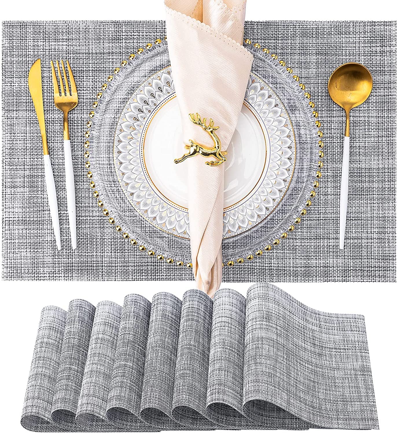 8-Pack Washable Vinyl Placemats for Dining Table - Indoor/Outdoor PVC Woven Table Mats (Gray) | Perfect for Patio, Picnic, Kitchen & Restaurant Use