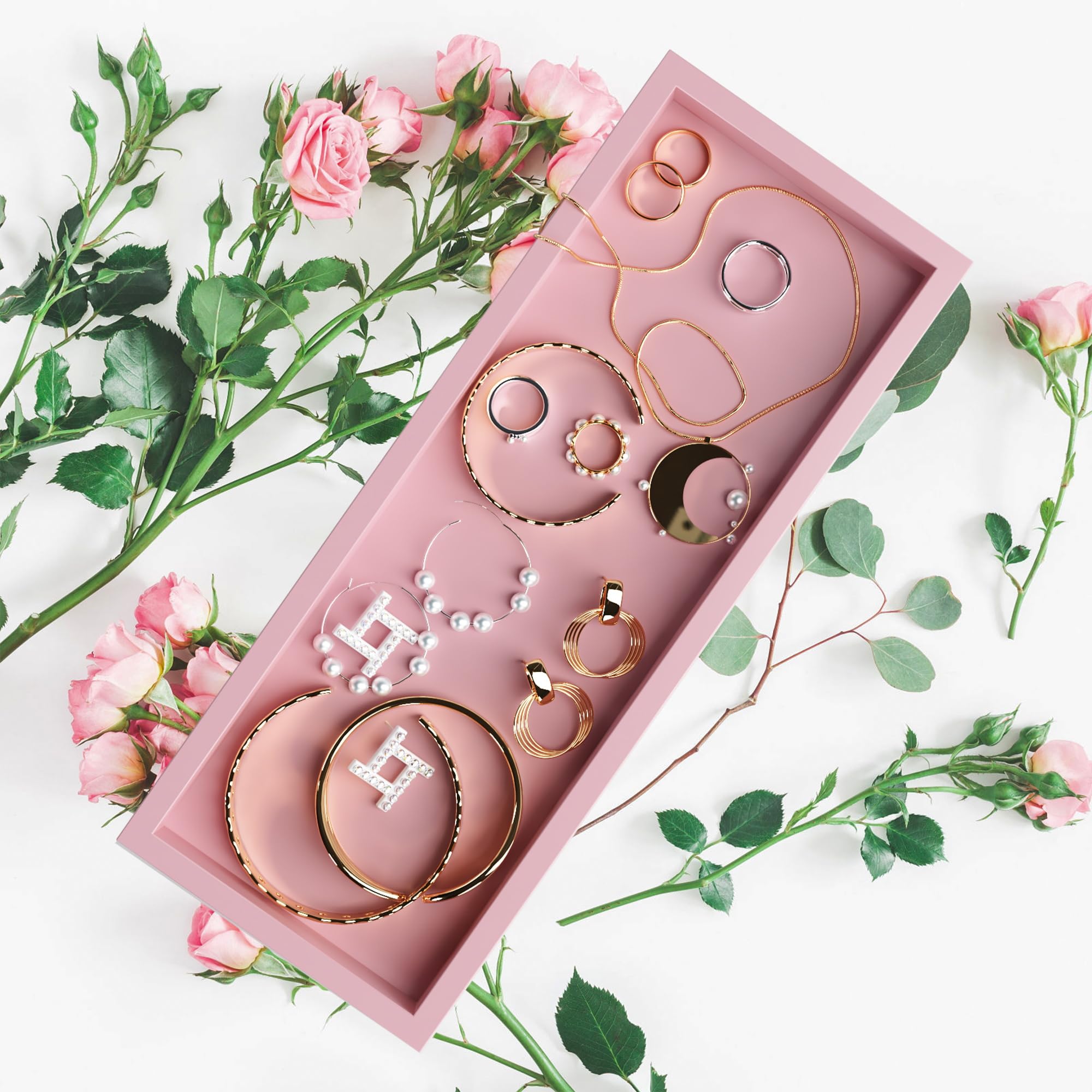Wooden Vanity Tray for Bathroom & Bedroom Decor - Pink Rectangle Perfume Holder for Candles, Jewelry & Skincare Products | Perfect for Countertop, Dresser, Nightstand & Toilet Tank Organization