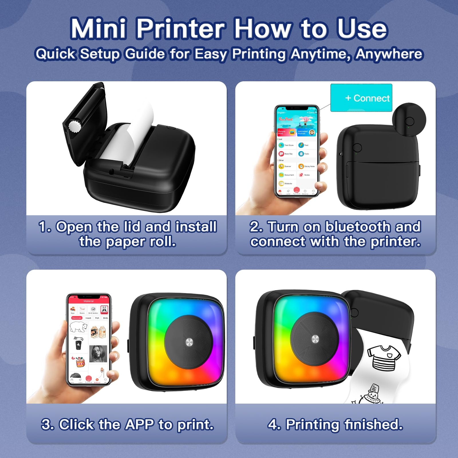 Portable Mini Sticker Printer with 6 Rolls Sticker Paper - 7 Color LED Light Modes for DIY Scrapbooking, Travel Journaling, Note Taking & Labeling | Wireless Bluetooth Compatible with iPhone & Android Phones | Perfect for School, Office & Home Organization