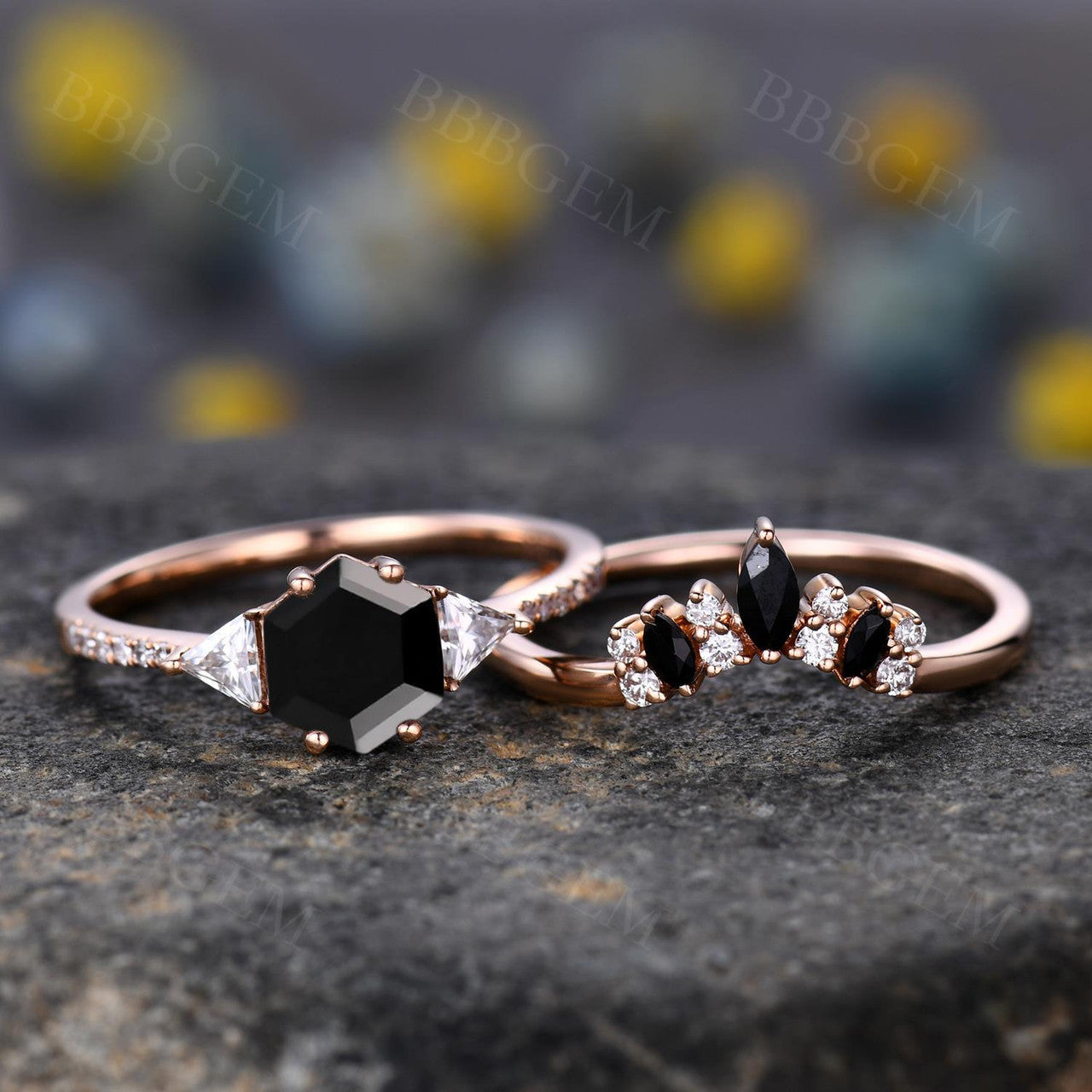 Hexagon Black Onyx Engagement Ring - 3 Stone Moissanite & Onyx Jewelry for Women, Wedding, Anniversary, and Proposal Gifts