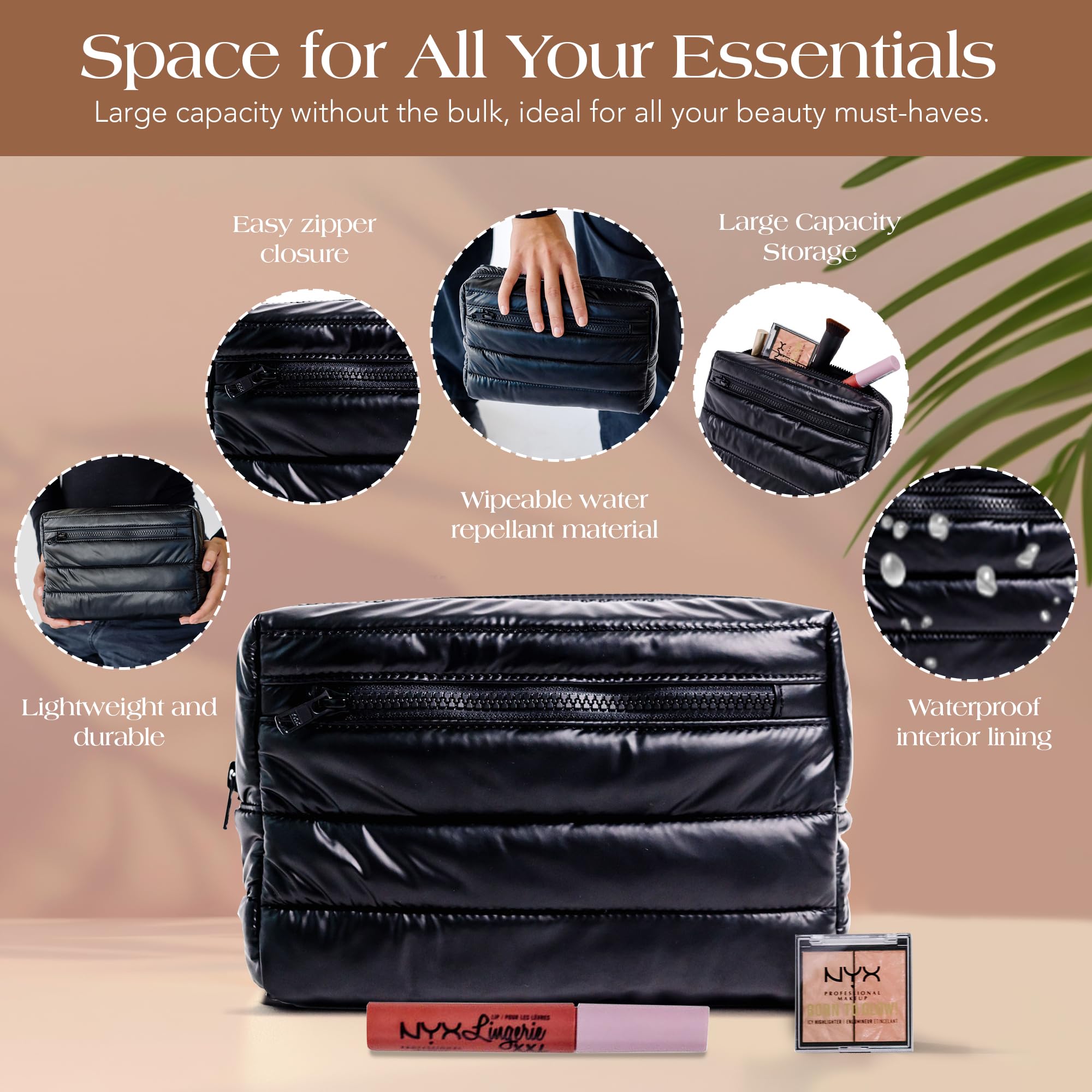 Premium Women's Cosmetic Bag - Large Waterproof Makeup & Toiletry Travel Organizer for Business Trips, Vacations & Weekend Getaways | Durable Storage Pouch for Cosmetics, Skincare & Essentials (Black) - Perfect for Travel, Gym & Daily Use