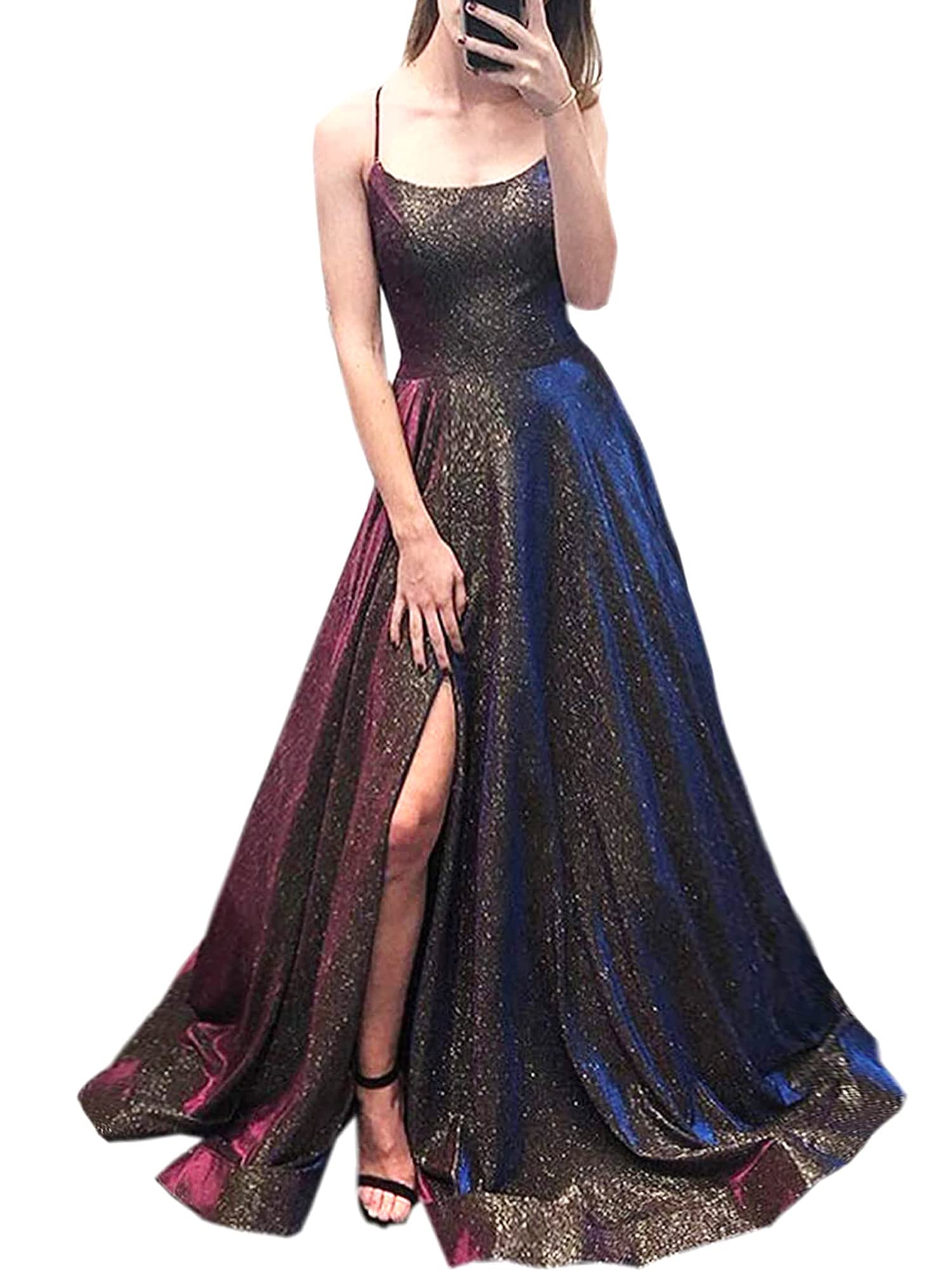 Topfountonart Women's Prom Dresses 2024 - Elegant Formal Evening Gown with Spaghetti Straps & Glitter Sequins - Plus Size Party Dress with Pockets - Perfect for Homecoming, Wedding Guest, Cocktail Party & Special Occasions