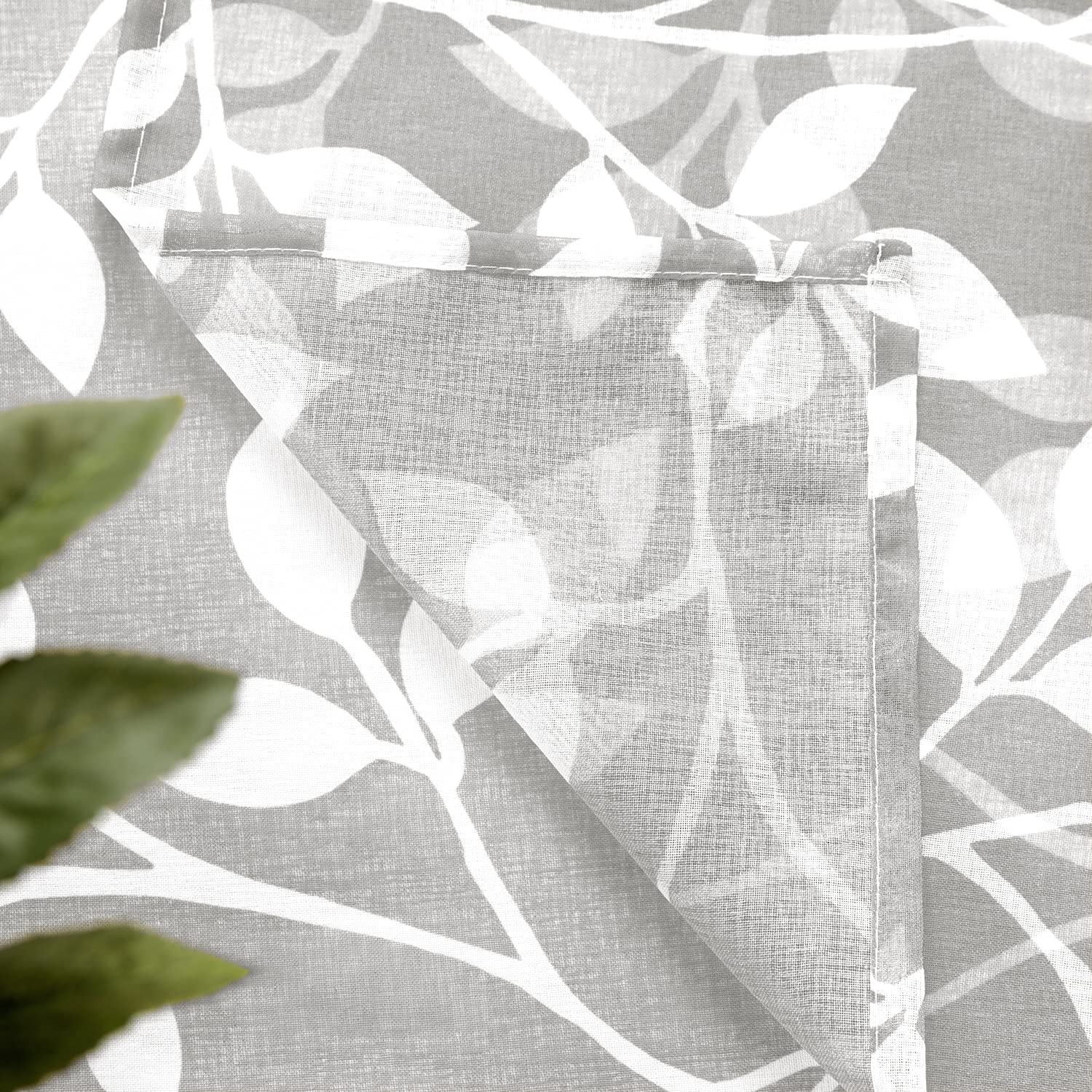 XTMYI 18 Inch Sheer Kitchen Curtain Valances Set - Tropical Leaf Design Rod Pocket Window Toppers for Living Room, Bedroom, Bathroom (Light Gray/White, Valance Only, 1 Pack) - Perfect for Small Windows & Coastal Decor