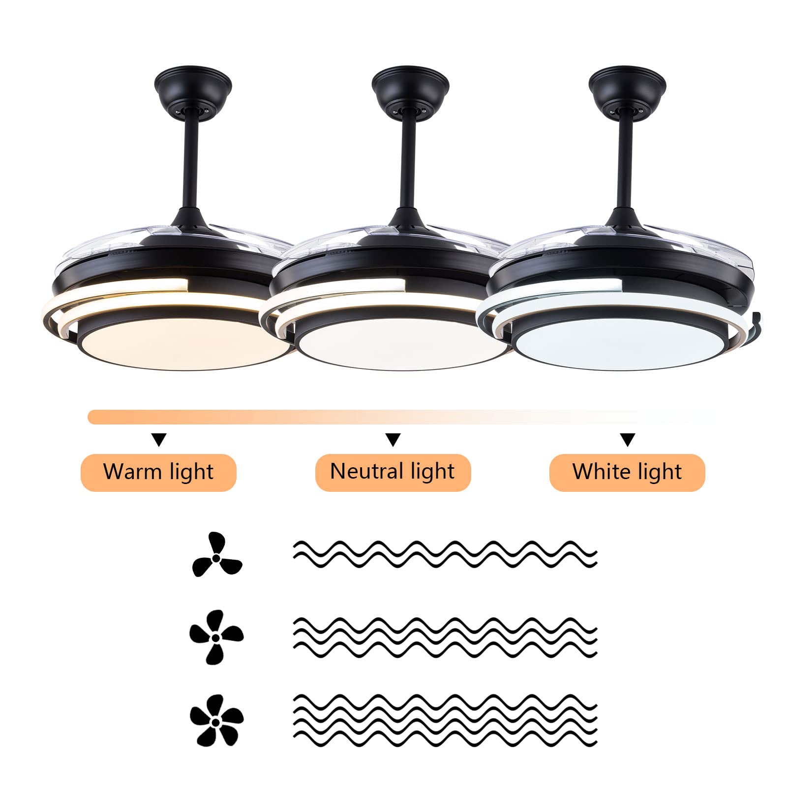 42 Inch Smart Retractable Ceiling Fan with LED Light & Remote - Modern Dimmable Invisible Ceiling Fan, Ultra Quiet for Bedroom, Living Room & Office - Black Energy Efficient Design