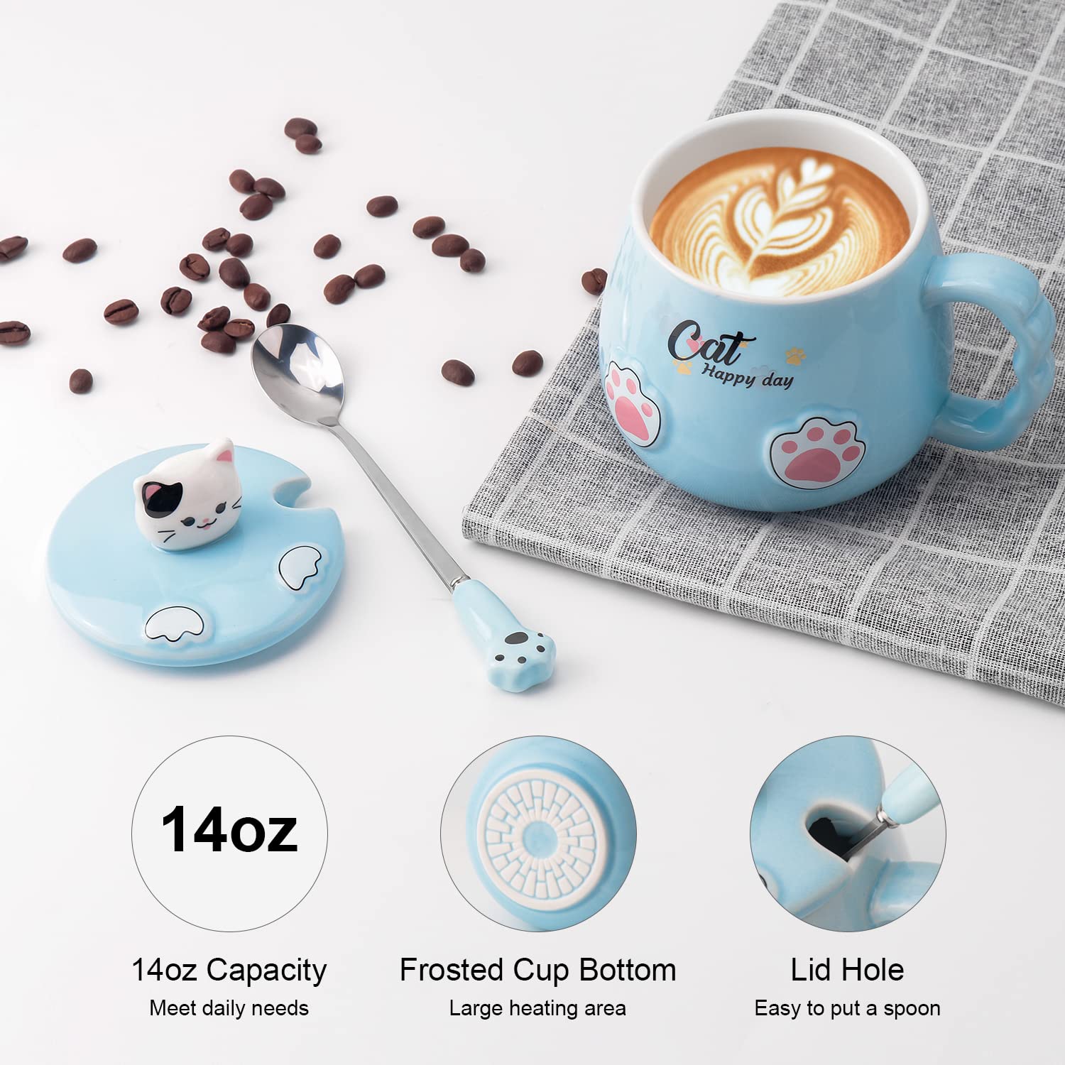 14oz Cute Cat Mug with Kitty Lid & Claw Spoon - Kawaii Ceramic Coffee Tea Cup Set with Anime Cat Coaster - Perfect Birthday Christmas Gift for Cat Lovers - Ideal for Home Office Use & Cat-Themed Parties (Blue)