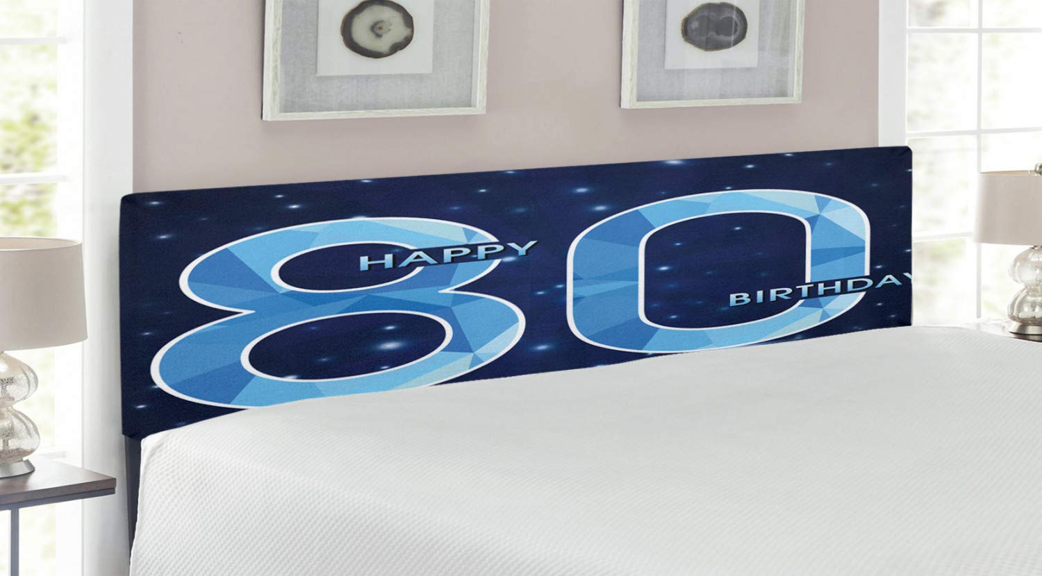 Ambesonne 80th Birthday Headboard - Diamond Age 80 Years Old Party Theme with Stars, Upholstered Decorative Metal Bed Frame with Memory Foam, King Size in Navy & Sky Blue - Perfect for Birthday Celebrations & Bedroom Decor