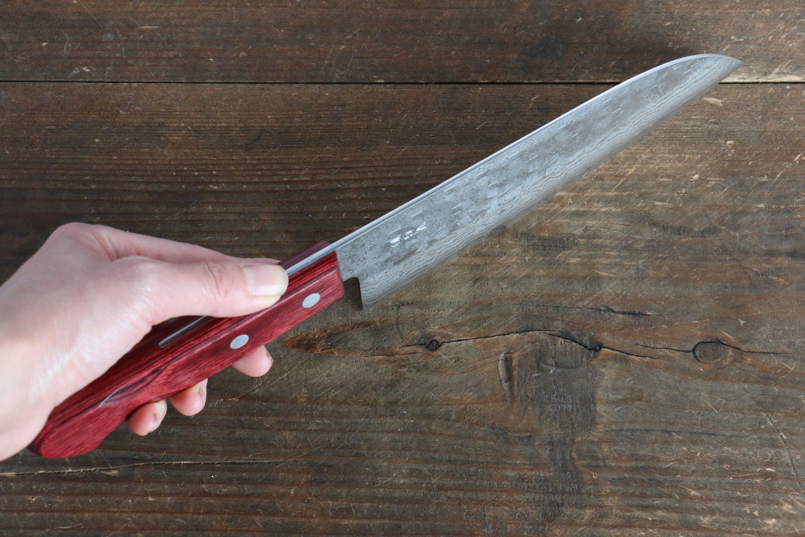 VG10 Hammered Damascus Santoku Knife 7 Inch - Japanese Chef Knife with Red Pakkawood Handle - Perfect for Slicing, Dicing & Chopping Vegetables, Meat & Fish
