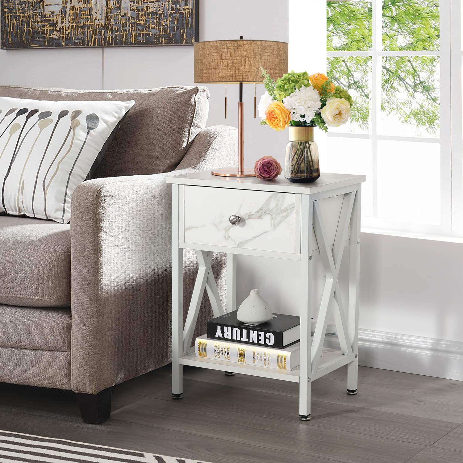 VECELO Modern Nightstand with Storage Drawer - X-Design End Table with Shelf for Bedroom & Living Room - Marble White Finish - Perfect for Small Spaces & Apartment Decor