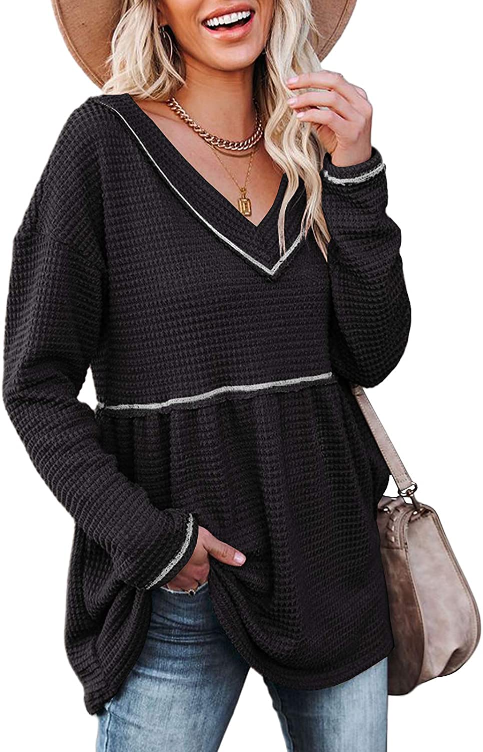 Women's V-Neck Tunic Top Long Sleeve Waffle Knit Pullover Shirt - Casual Flowy Sweater for Women | Perfect for Fall Layering, Office Wear & Weekend Outfits