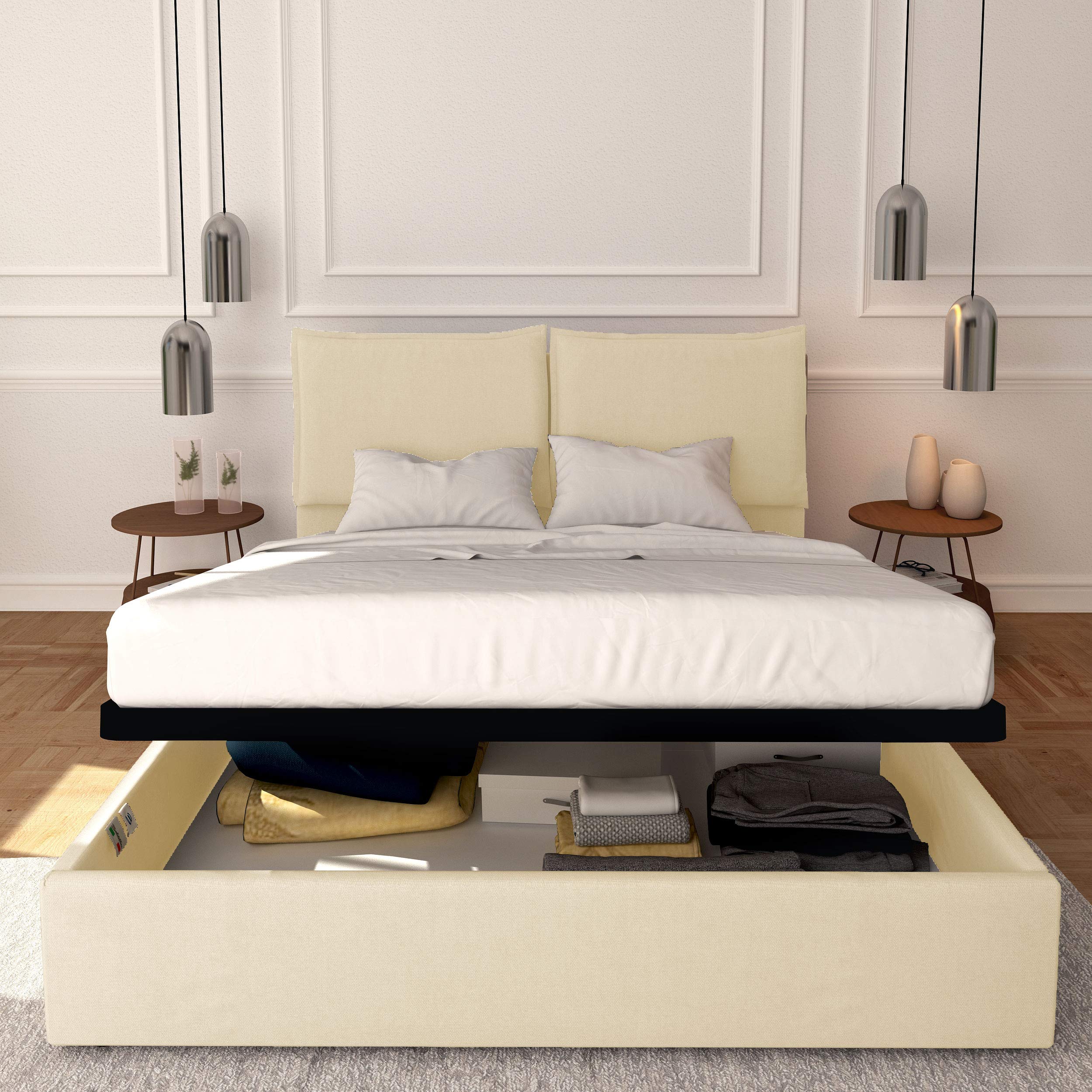 Baldiflex Licia Queen Size Bed Frame with Storage, Synthetic Upholstered Headboard, Slatted Base - Cream, 160x190cm - Perfect for Small Bedrooms & Guest Rooms