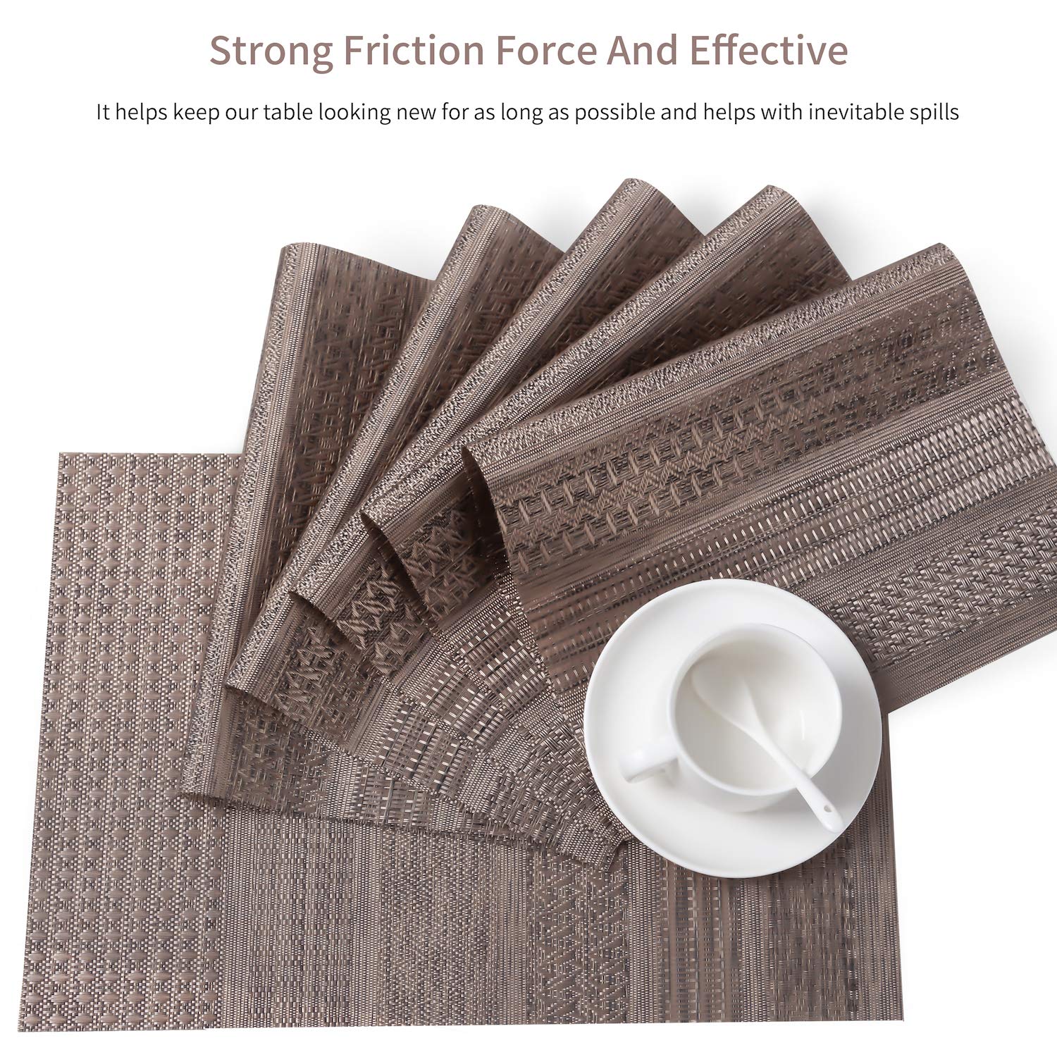 Premium Heat-Resistant & Stain-Resistant PVC Placemats Set of 6 - Non-Slip Woven Vinyl Table Mats for Kitchen Dining, Washable & Durable Brown Placemats - Perfect for Everyday Meals, Dinner Parties & Holiday Gatherings