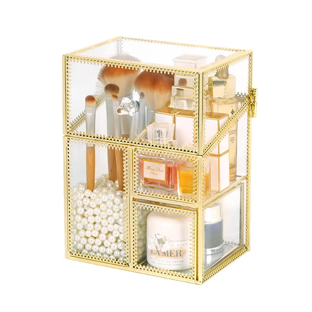 Vintage Glass Makeup Organizer with Brush Holder - Countertop Cosmetic Storage for Brushes, Lipsticks & Skincare | Perfect for Bathroom Vanity, Dressing Table & Travel Beauty Organization
