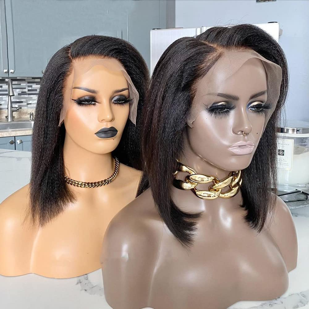 QUINLUX 13x6 Short Bob Italian Yaki Lace Front Human Hair Wig for Black Women - 150% Density Kinky Straight HD Transparent Lace Peruvian Yaki Wig (14 Inch, Natural Color) | Pre-Plucked Hairline | Perfect for Daily Wear, Parties & Special Occasions