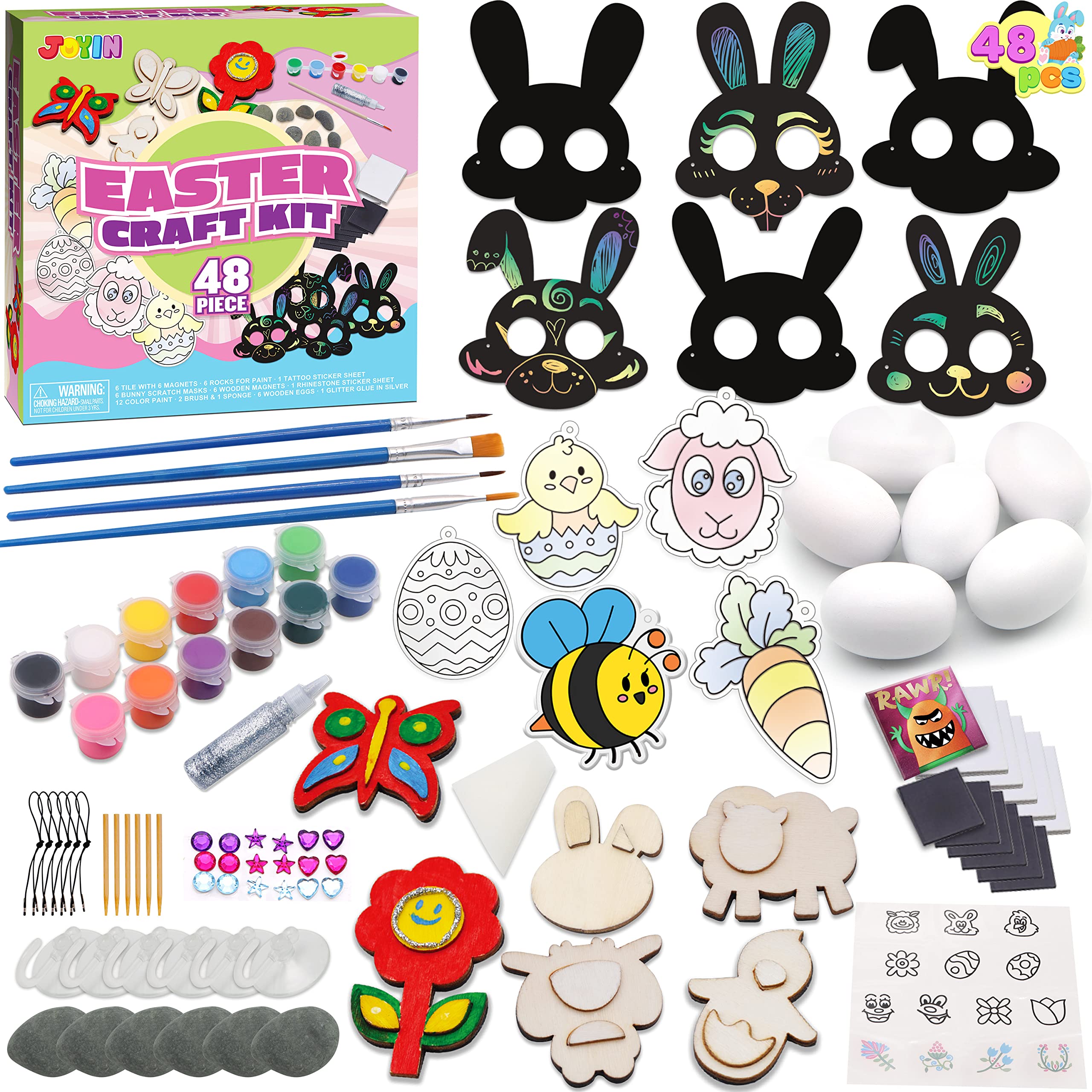 JOYIN 48-Piece Easter Craft Kit for Kids - DIY Painting Set with Rocks, Scratch Art Masks, Wooden Eggs & Magnets - Creative Easter Basket Stuffers, Party Favors & School Activities - Perfect for Easter Celebrations, Classroom Projects & Family Craft Time
