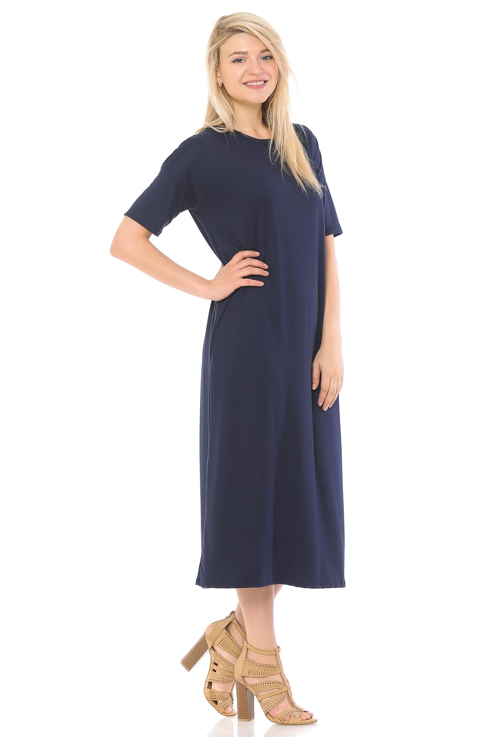 Iconic Luxe Women's Midi Dress with Half-Sleeves and Pockets - Elegant Flowy Dress for Work, Party & Special Occasions