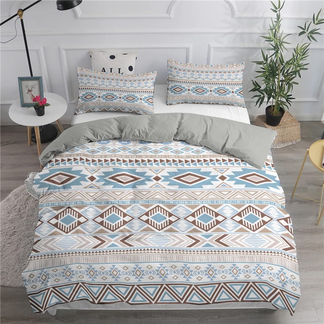 Bohemian Ethnic Style Duvet Cover Set - 2 & 3 Piece Soft Microfiber Comforter Cover with Pillowcases, Digital Print Aztec Pattern Bedding with Zipper Closure, Light Blue, Twin Size - Perfect for Boho Chic Bedrooms, Guest Rooms & Dorm Decor