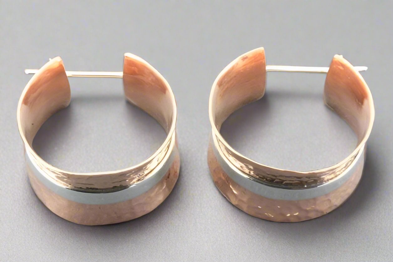 Handmade Concave Battered Copper Hoop Earrings with Silver Band - Boho Chic Jewelry for Women, Perfect for Everyday Wear & Special Occasions