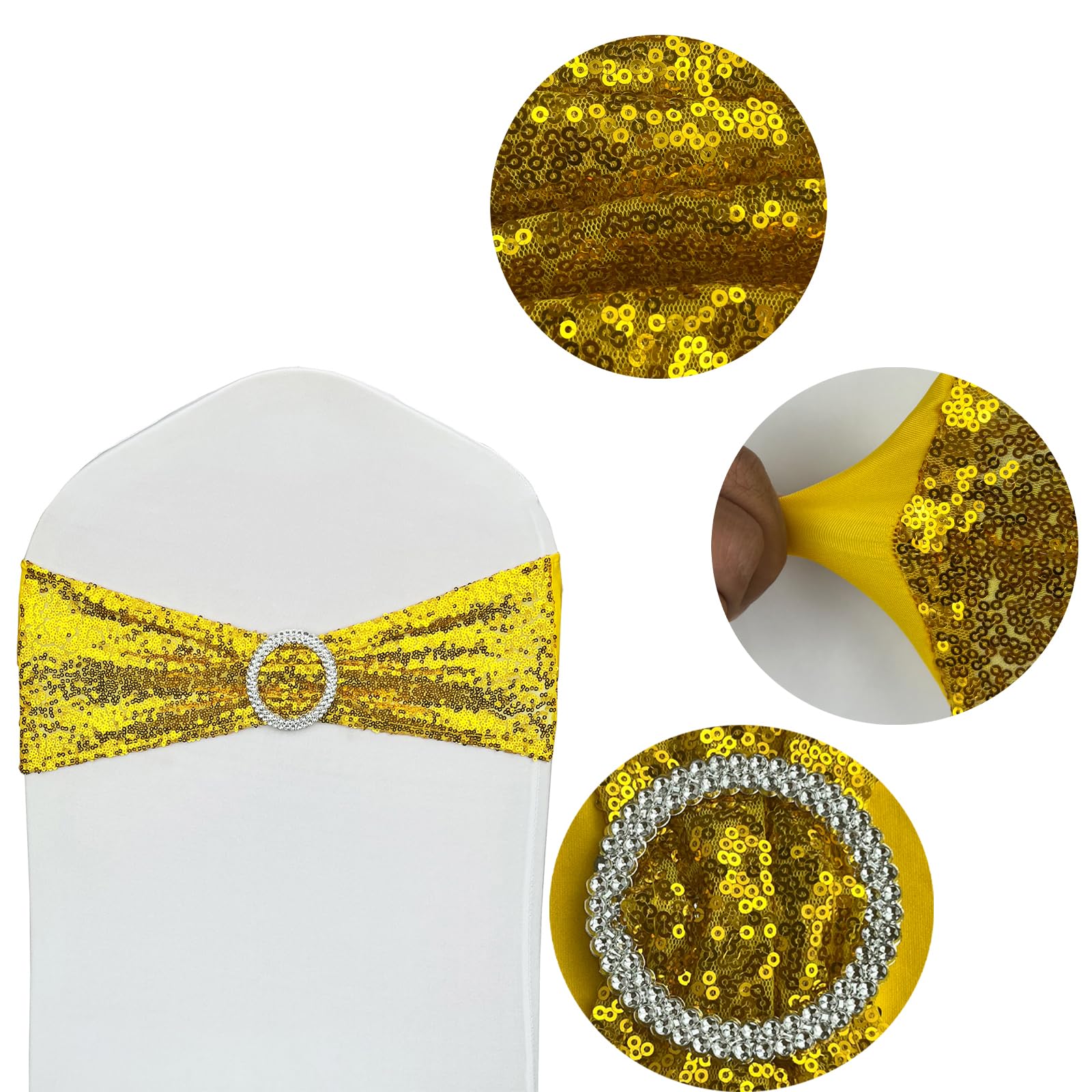 100 Gold Stretch Sequin Chair Sashes - Elegant Spandex Bands for Wedding Decor, Banquet Reception & Party Chair Decorations (Pack of 100) - Perfect for Romantic Events, Bridal Showers & Anniversary Celebrations