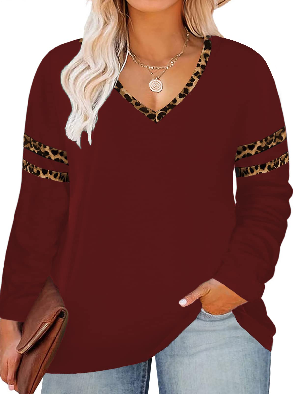 ROSRISS Women's Plus Size Long Sleeve V-Neck Tunic Tops - Solid Color Blouse Tees for Casual Wear, Office & Everyday Outfits