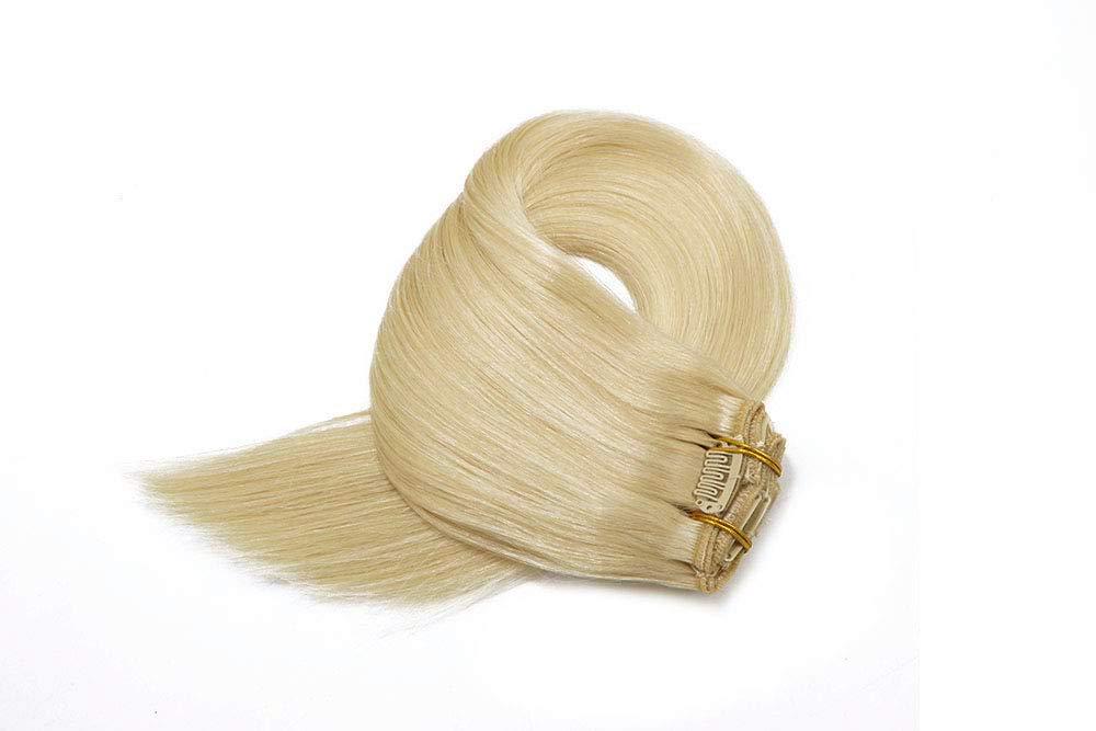 Platinum Blonde Clip-in Human Hair Extensions 9A Grade - 120g 7-Piece Double Weft Remy Hair - Silky Straight Hair Extensions for Women (22 Inches, #60 Blonde) - Perfect for Parties, Weddings & Daily Styling