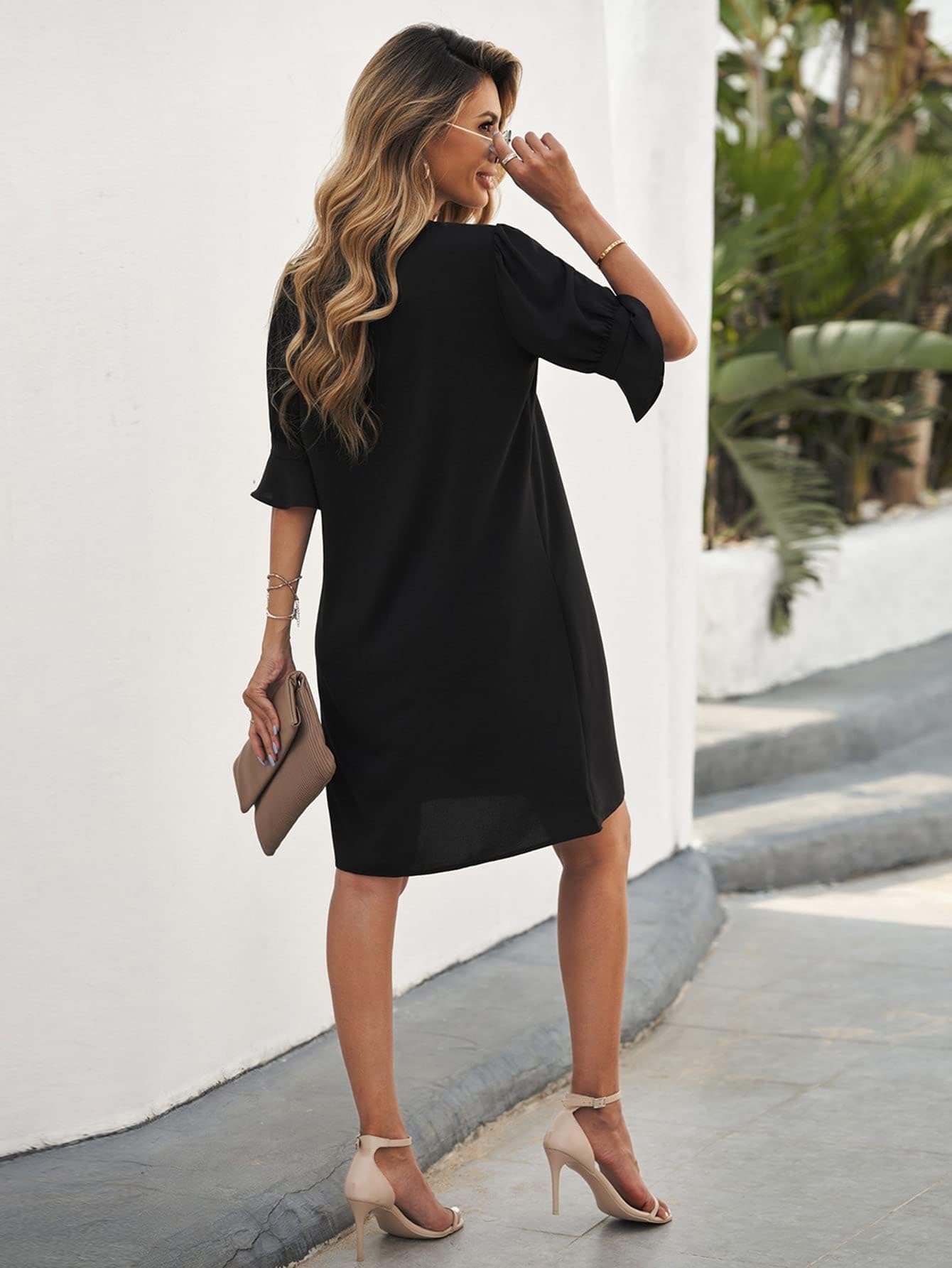 KOLANDA Women's Summer Short Dress 2022 - Flounce Sleeve Tunic with Notched Neck, Cute Mini Party & Beach Dress for Casual Outings, Date Nights, Vacations and Poolside Relaxation