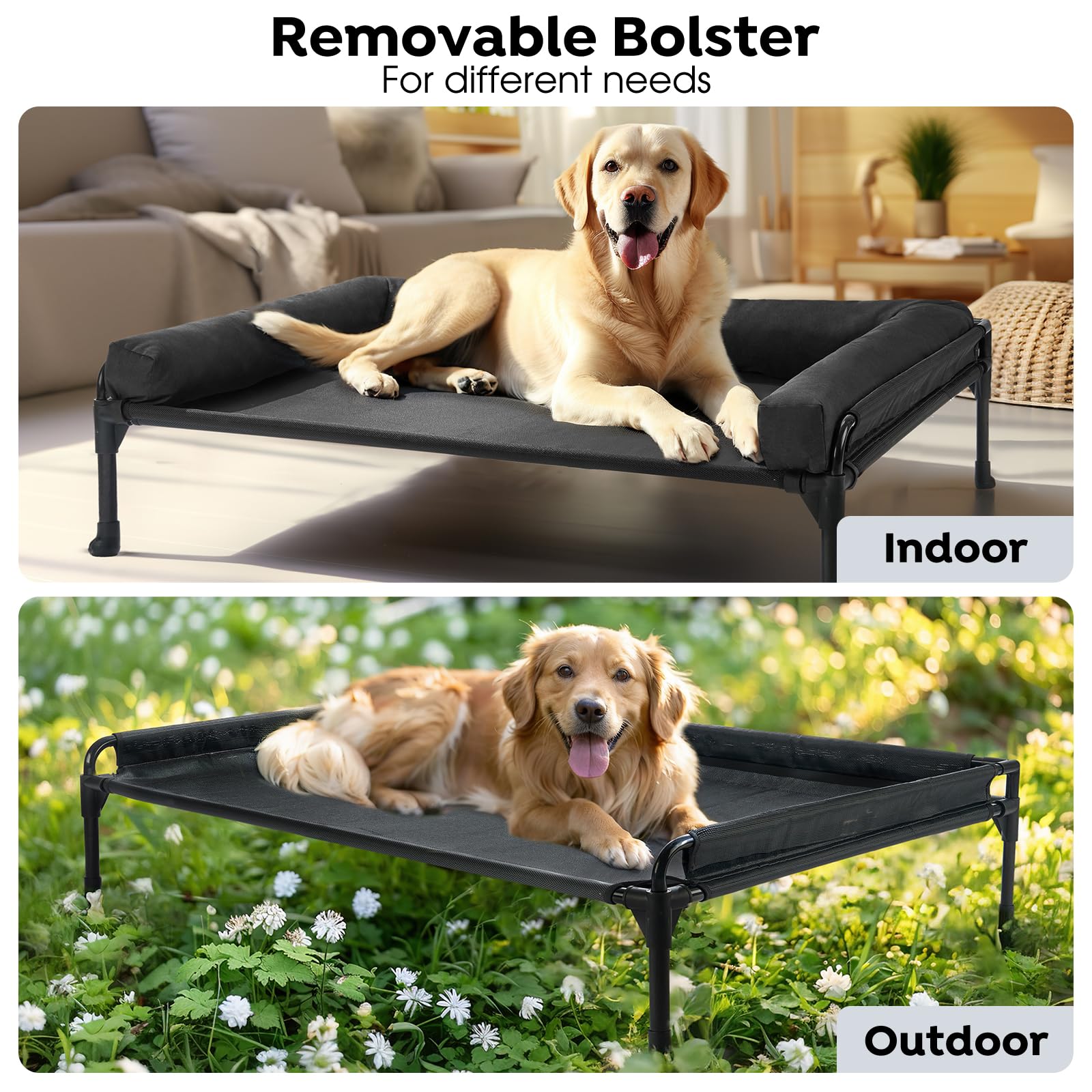 Veehoo Elevated Cooling Dog Bed for Large Dogs - Outdoor Raised Pet Cot with Mesh, No-Slip Feet & Removable Bolster - 35