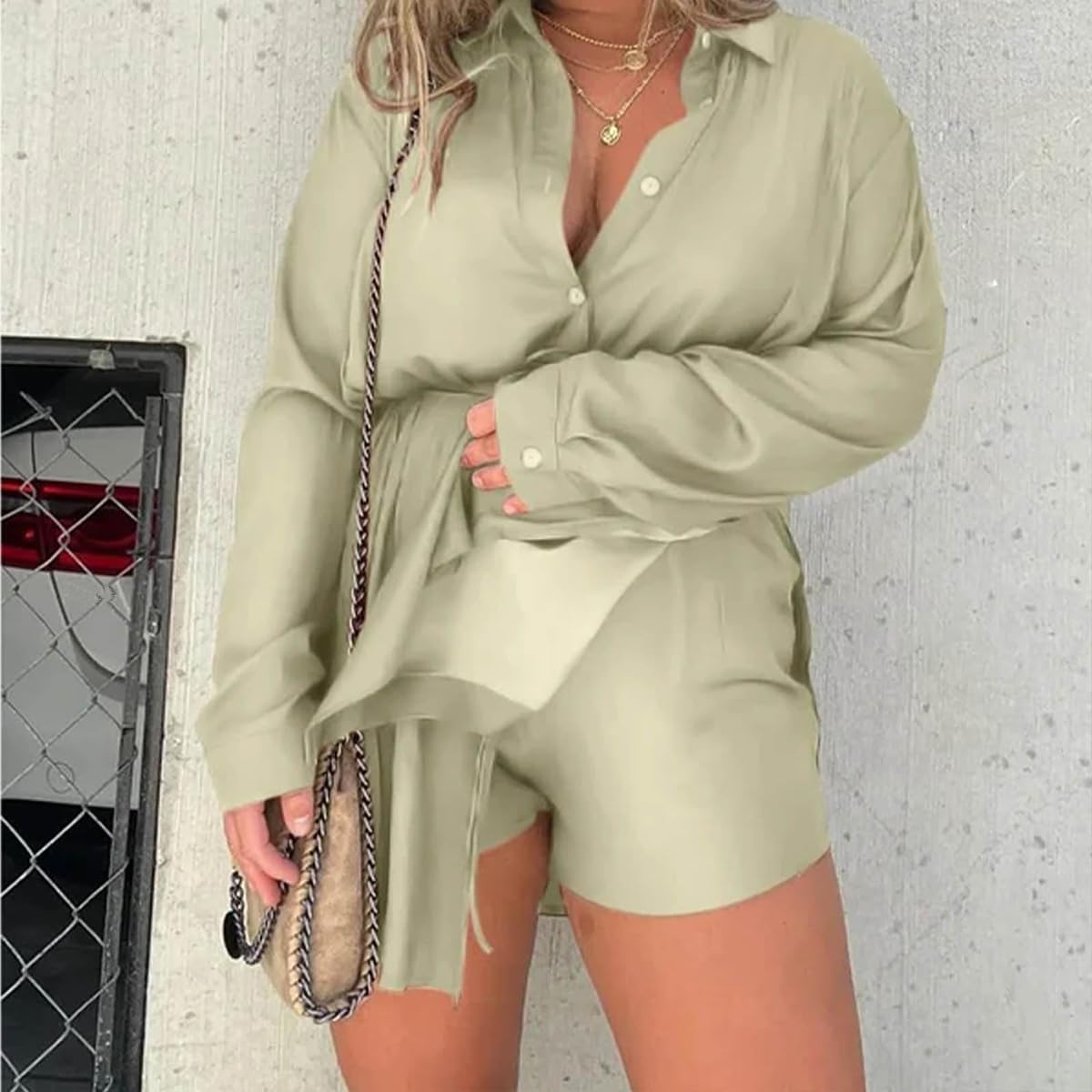 Gokame Women's Satin Romper Dress Set - Long Sleeve Button Down Shirt Dress with Shorts, Casual Solid Color Pajama Outfit for Sleepwear, Lounge Wear & Night Out
