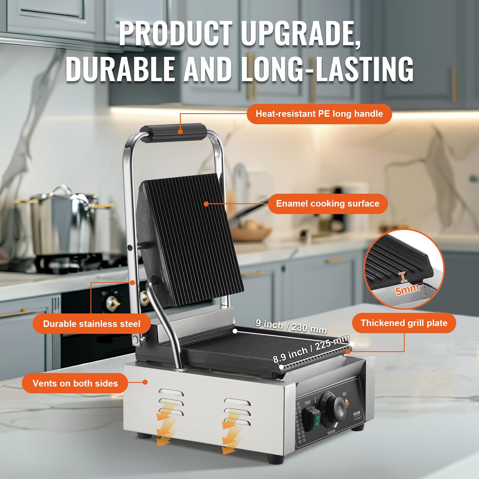 VEVOR 1800W Commercial Panini Grill Press - Electric Sandwich Maker with Stainless Steel Body, Temperature Control & 9