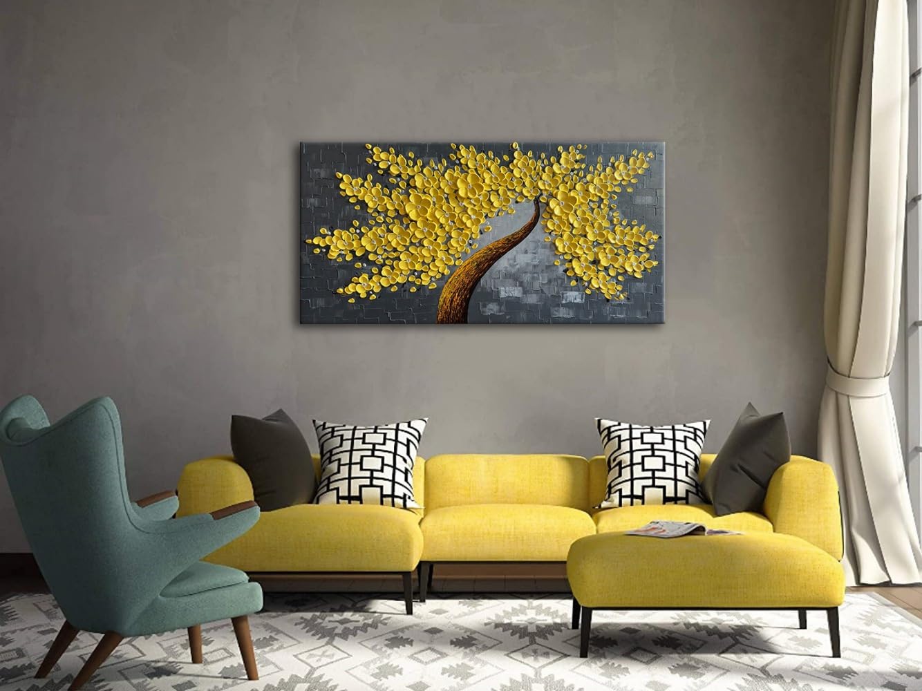 Alenoss Hand Painted Yellow Floral Oil Painting on Canvas - 48x24 Inches Large Abstract Wall Art for Living Room, Bedroom & Office Decor | Modern Home Decorations & Unique Gift Idea