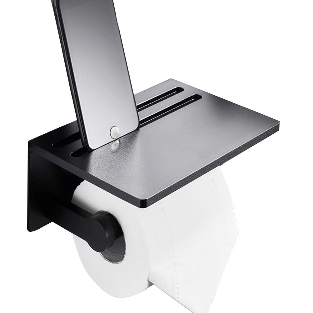 Matte Black Wall-Mounted Toilet Paper Holder with Phone Shelf - Modern Bathroom Roll Paper Dispenser - Space Saving Design for Small Bathrooms, Powder Rooms & RVs