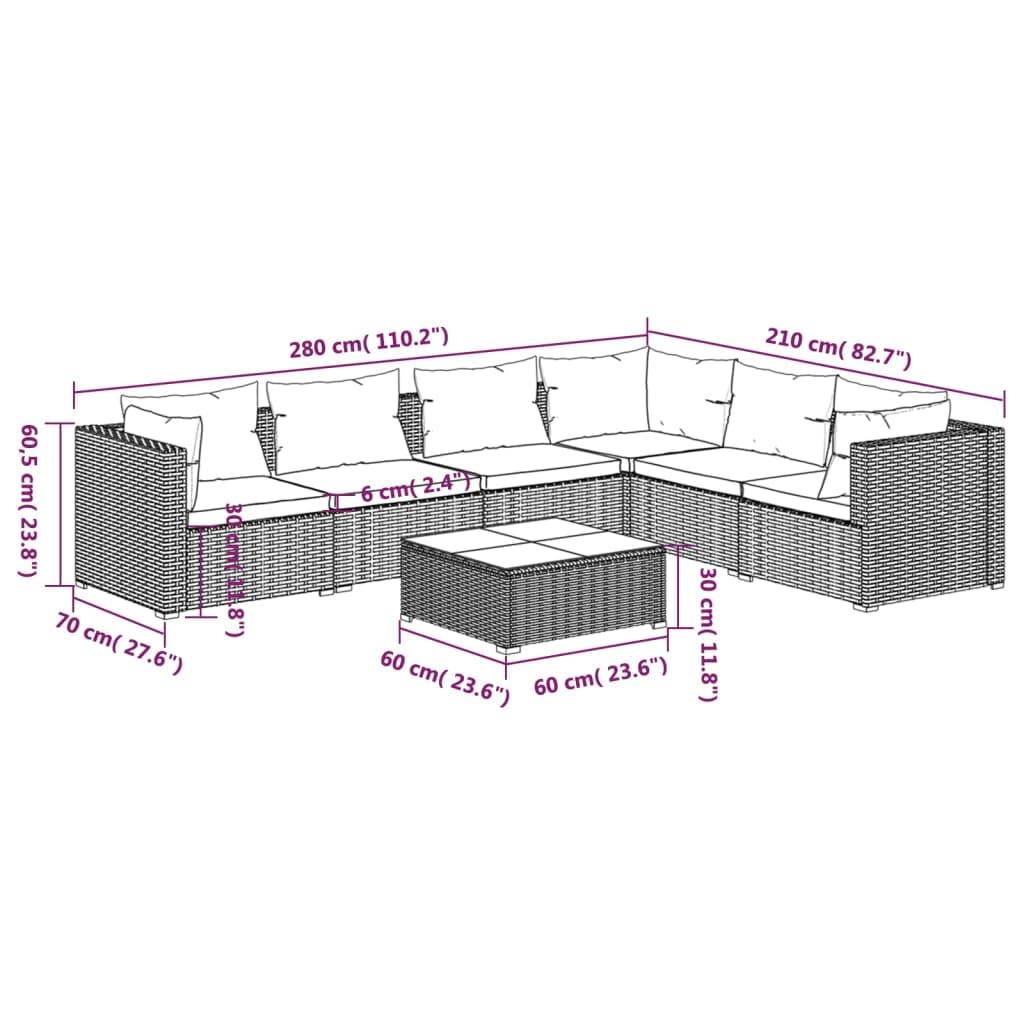 vidaXL 7-Piece Patio Lounge Set - Brown Poly Rattan Outdoor Sectional Sofa with Cushions for Garden, Backyard & Poolside Relaxation