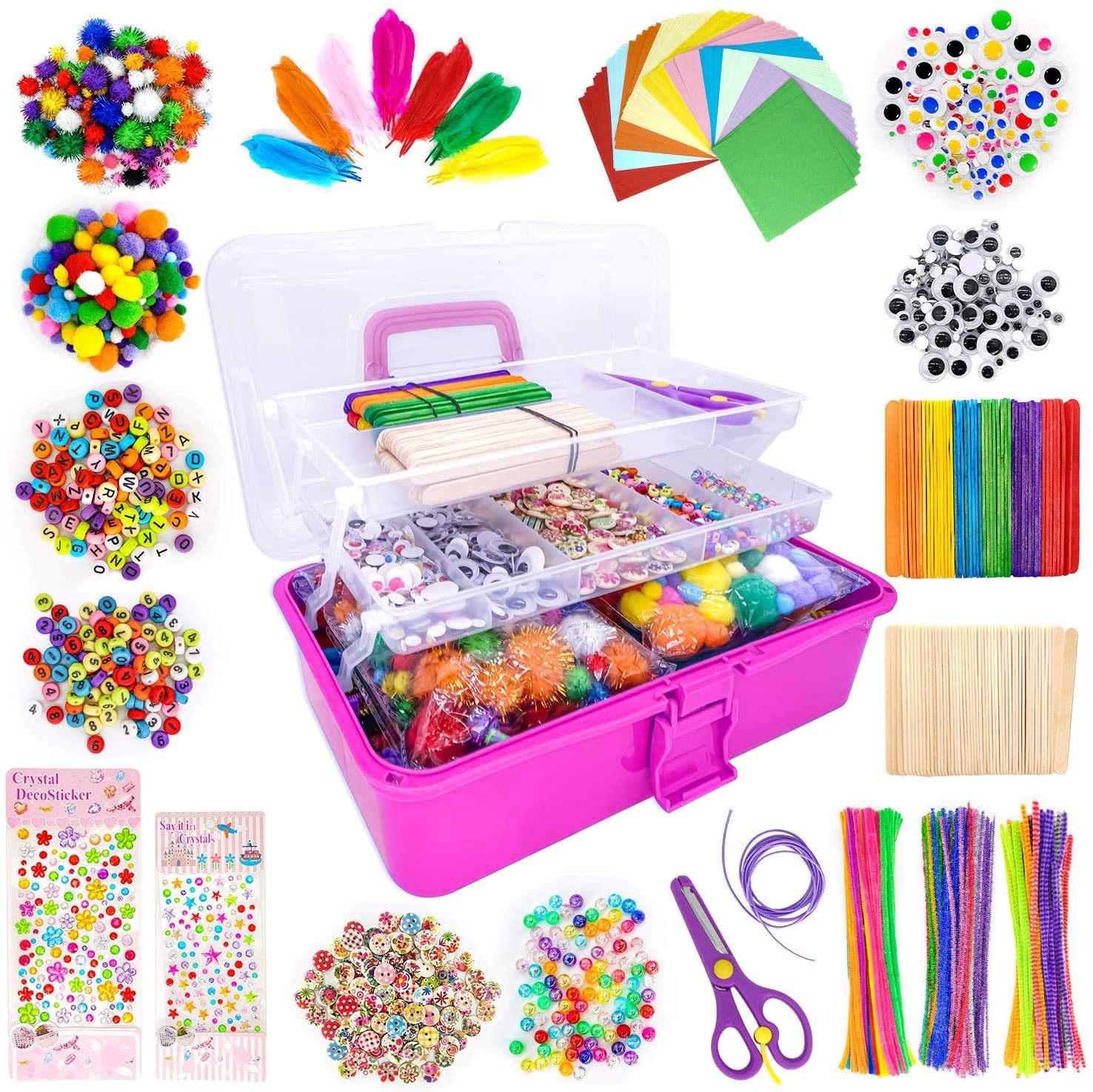 1405 Pcs Kids Craft Kit - DIY Art Supplies for Toddlers & Children with Pipe Cleaners, Pom Poms, Feathers & Storage Box | Creative Gift for School Projects, Birthday Parties & Home Activities (Rose Red)
