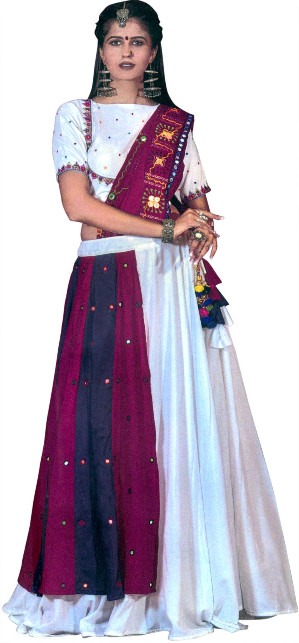 Exotic Indian Magenta & White Lehenga Choli - Hand Embroidered Gujarati Bridal Dress with Mirror Work | Perfect for Weddings, Festivals & Cultural Events