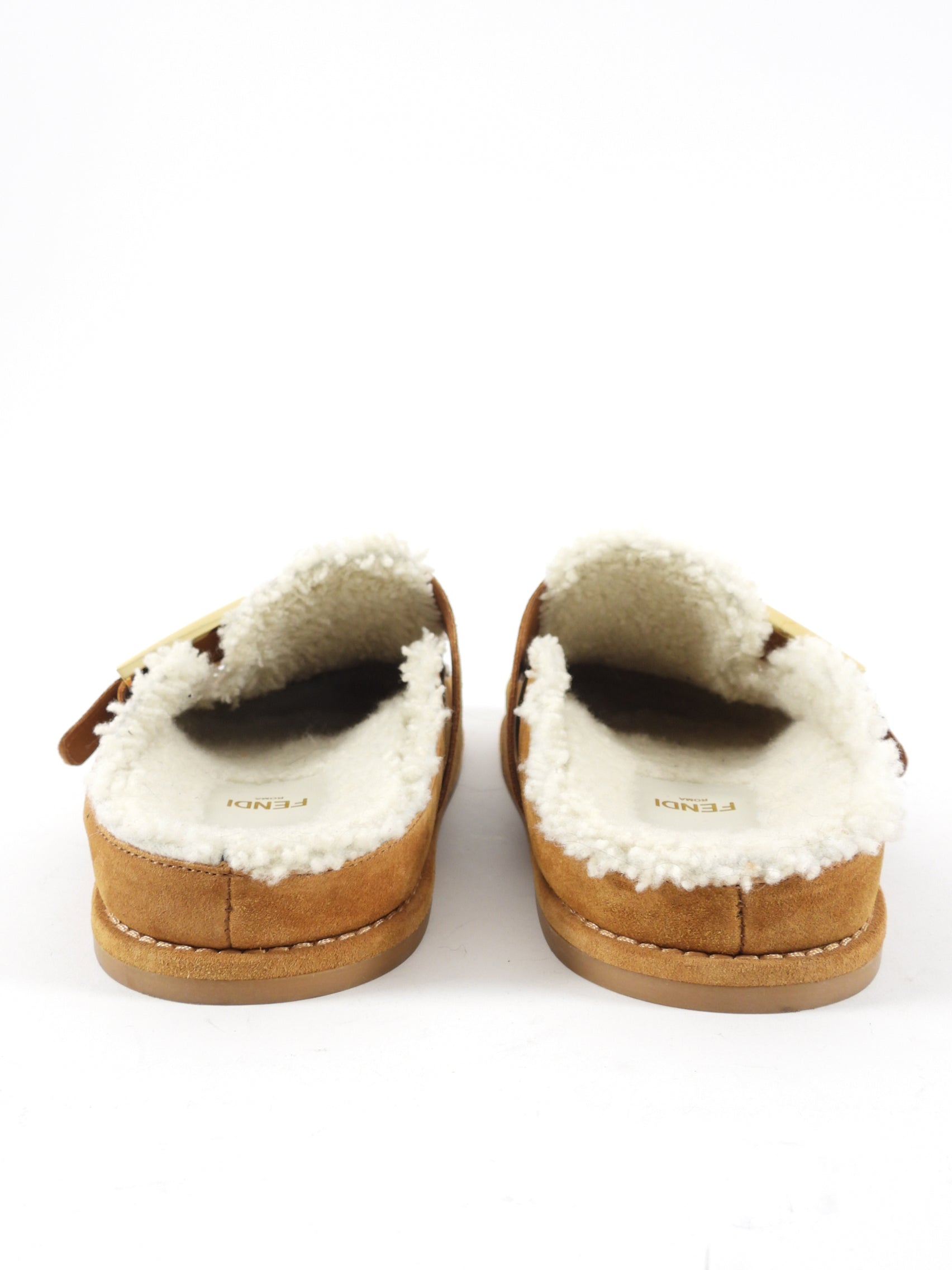 Fendi Women's Tan Shearling Flat Slides Size 37 - Cozy House Slippers for Indoor Comfort & Casual Wear