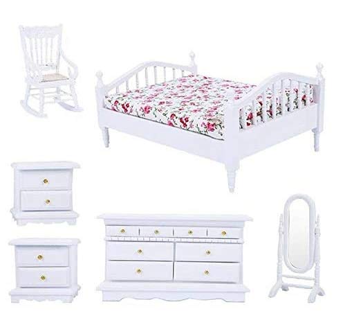 1:12 Scale Miniature Dollhouse Furniture Set - Bed, Wardrobe, Chair & Dressing Mirror | Realistic Mini Home Decor for Dollhouse, Model House Display, DIY Crafts & Collectibles