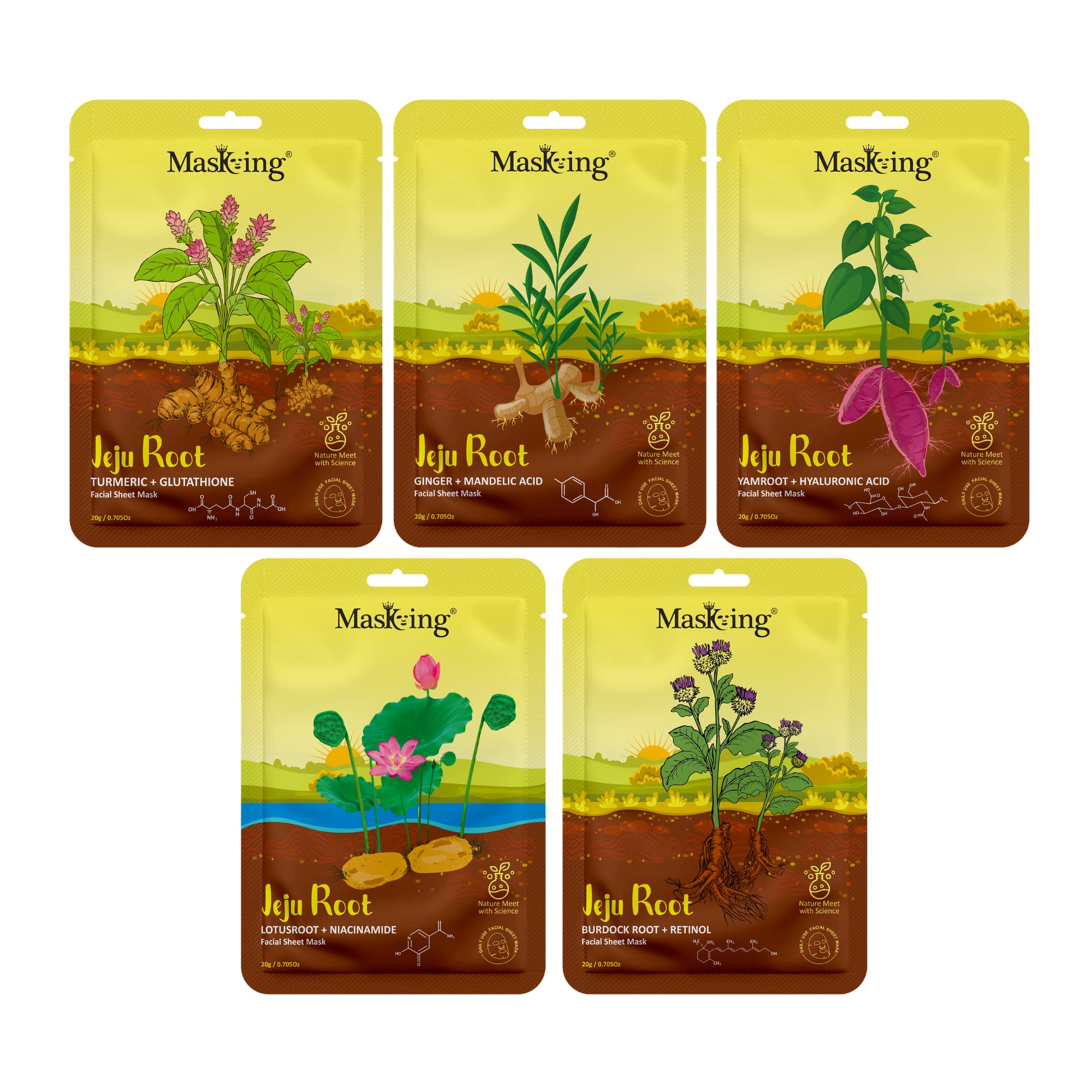 Jeju Root Face Sheet Mask - Brightening, Firming & Glowing Skin Care for Women & Men - Pack of 5 - Perfect for Daily Skincare Routine & Spa Night