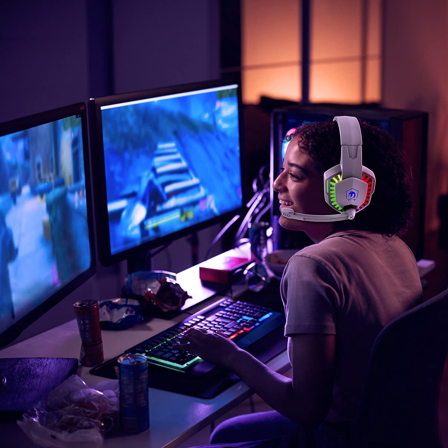 Best Wired Gaming Headset with Noise Cancelling Mic - Over Ear Headphones for PS5, PS4, Xbox One & PC - Rainbow LED Backlit, Bass Surround Sound, Soft Memory Foam Earmuffs - Perfect for Laptop, Mac Gaming & Streaming (White)