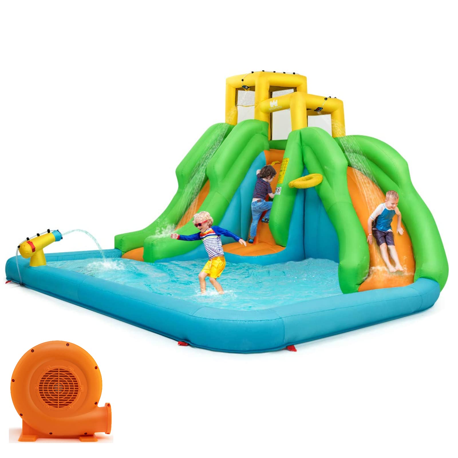 **HONEY JOY 6-in-1 Inflatable Water Slide for Kids - Bounce House with Climbing Wall, 2 Long Slides, Splash Pool & Water Cannons | Indoor & Outdoor Backyard Water Park (Includes 550W Blower) - Perfect for Summer Parties, Birthdays & Family Fun**