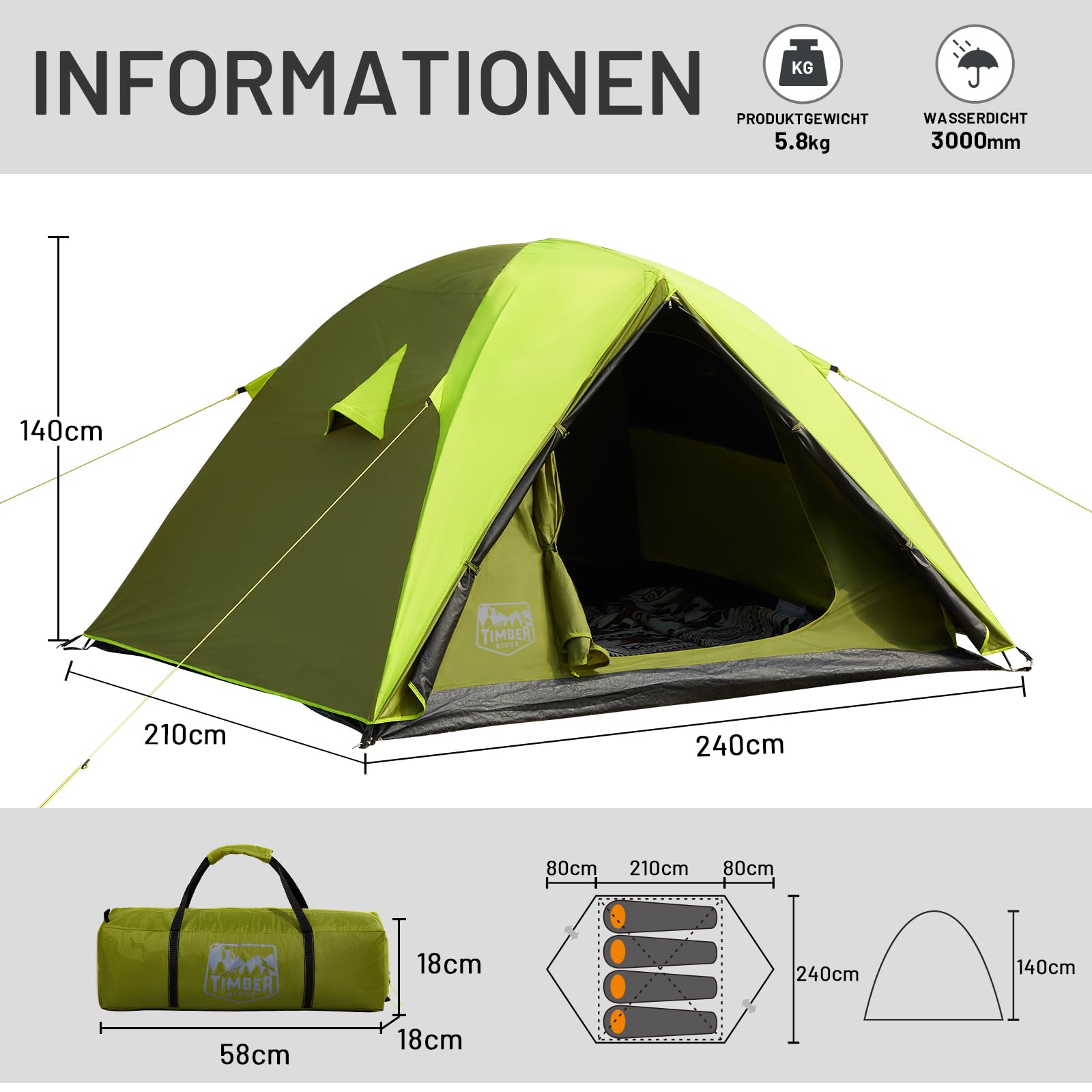 TIMBER RIDGE 4 Person Blackout Waterproof Camping Tent - 3000mm Dome Tent for Family Camping, Hiking, Travel & Outdoor Festivals | Perfect for Backpacking, Garden Use & Summer Adventures
