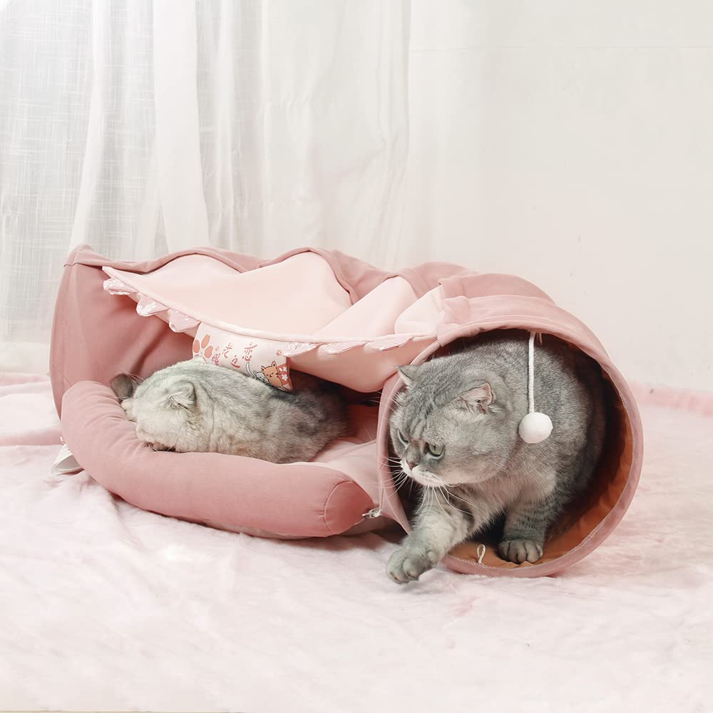 ABLAZEZAI Cat Tunnel Bed - Washable & Removable 2-in-1 Pet Play Tube for Kittens & Cats (4 Colors: Pink, Cherry Blossoms) - Perfect for Indoor Play, Hideouts & Interactive Cat Toys