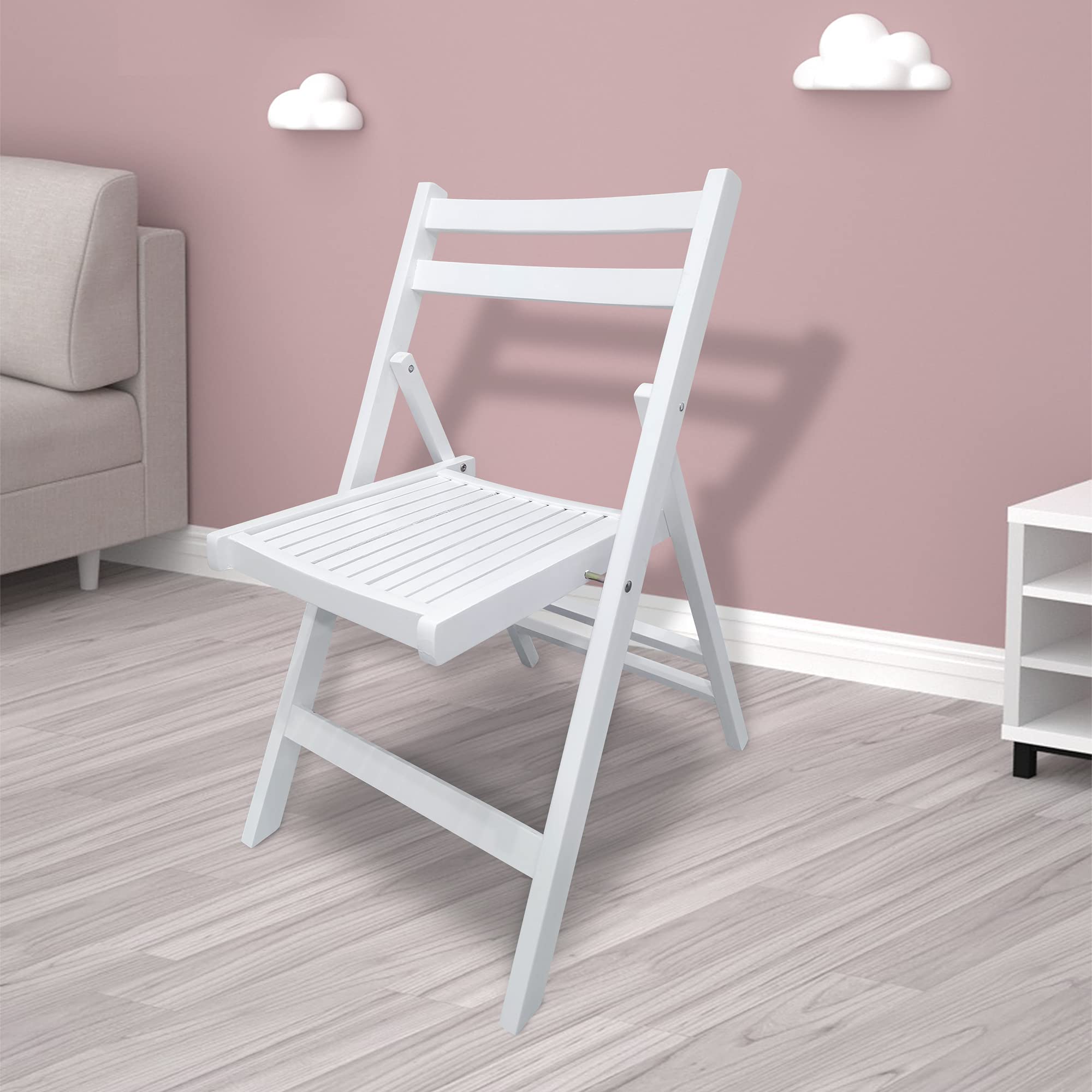 4 Pack Wood Folding Chairs - Portable Stackable Indoor Outdoor Chairs for Wedding, Party, Office, Picnic & Dining - White Commercial Grade Event Seating for Home, Restaurant and Garden Use
