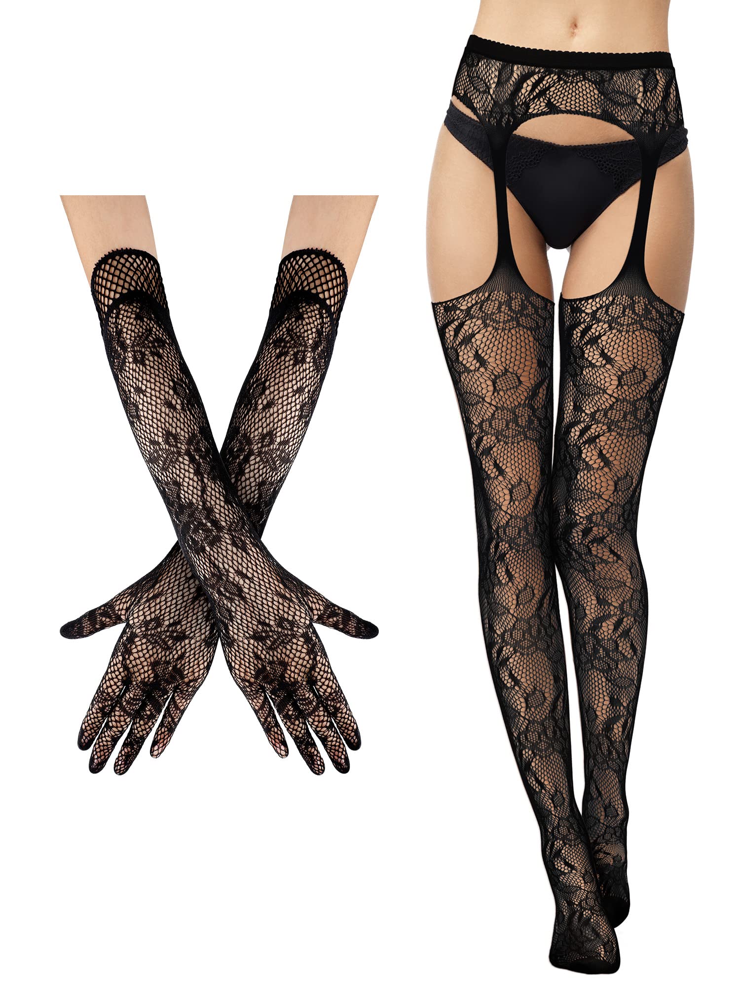 Geyoga 2PC Floral Lace Suspender Stockings & Garter Belt - Women's Black Fishnet Tights for Party & Cosplay
