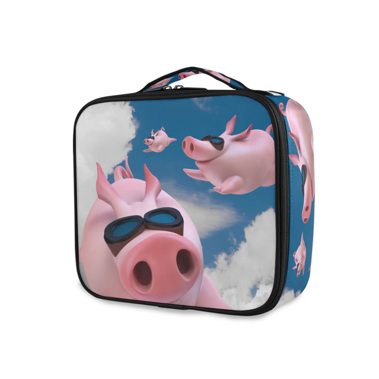 Portable Travel Makeup Bag with Adjustable Dividers - Cute Flying Piggies Cosmetic Organizer Case for Women & Girls | Perfect for Airplane Carry-on, Gym, and Daily Beauty Essentials Storage
