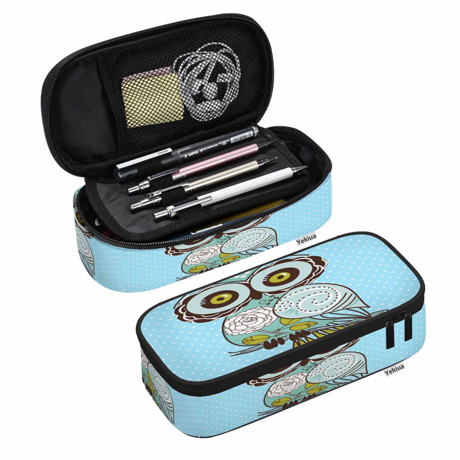 Yekiua Owl Pencil Case - Cute Cartoon Bird Design, Large Capacity Pouch for School, Office & Makeup Storage | Perfect for Students, Artists & Professionals (Blue)