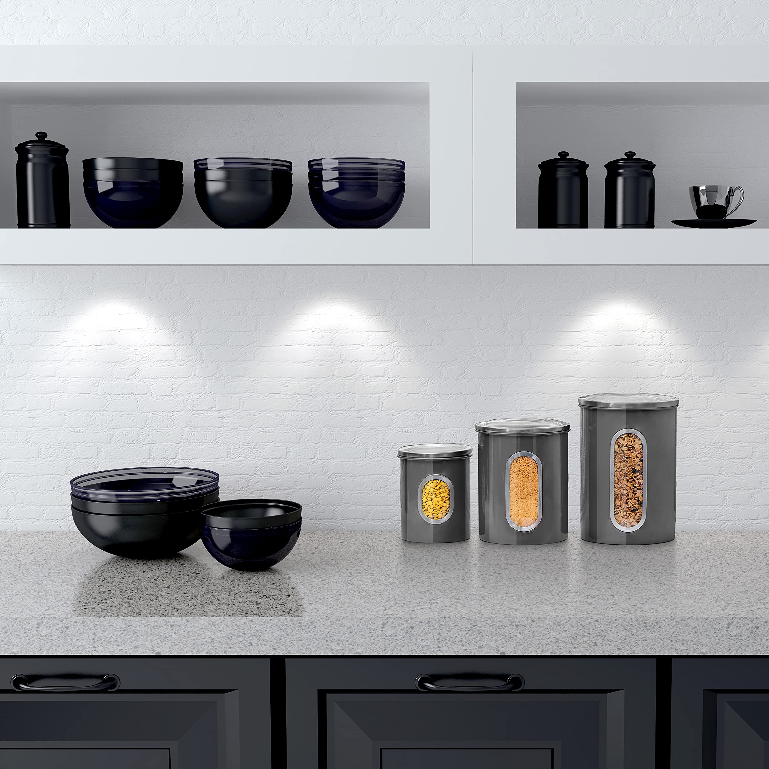 3-Piece Gray Kitchen Canister Set with See-Through Window - Airtight Coffee, Tea & Sugar Storage Containers - Moss & Stone Kitchen Jars for Pantry Organization (Grey) - Perfect for Coffee Lovers, Tea Enthusiasts & Baking Needs