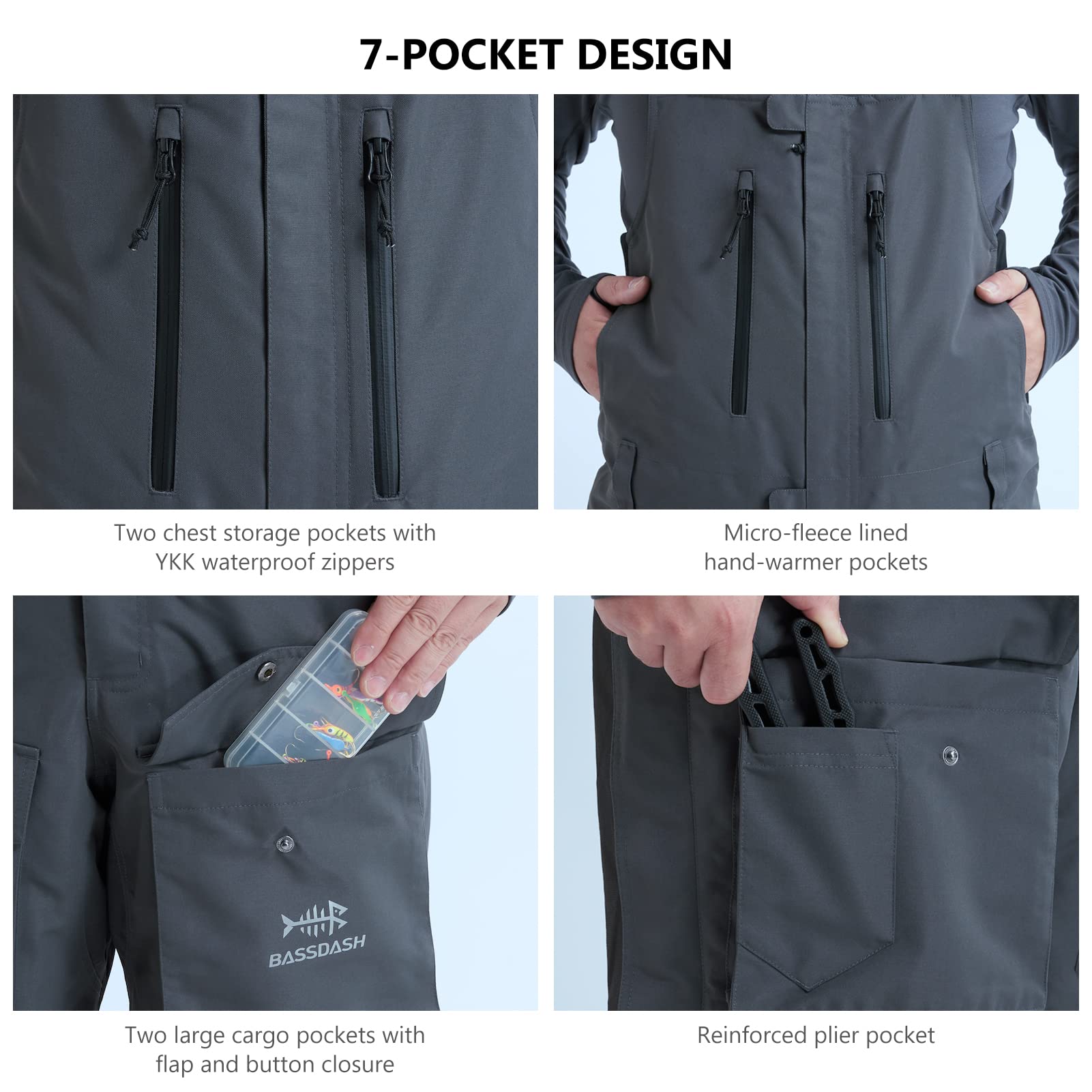 BASSDASH Men's Insulated Waterproof Fishing & Hunting Bib Overalls - Ripstop Breathable Snow Pants for Outdoor Winter Activities, Ice Fishing & Cold Weather Work